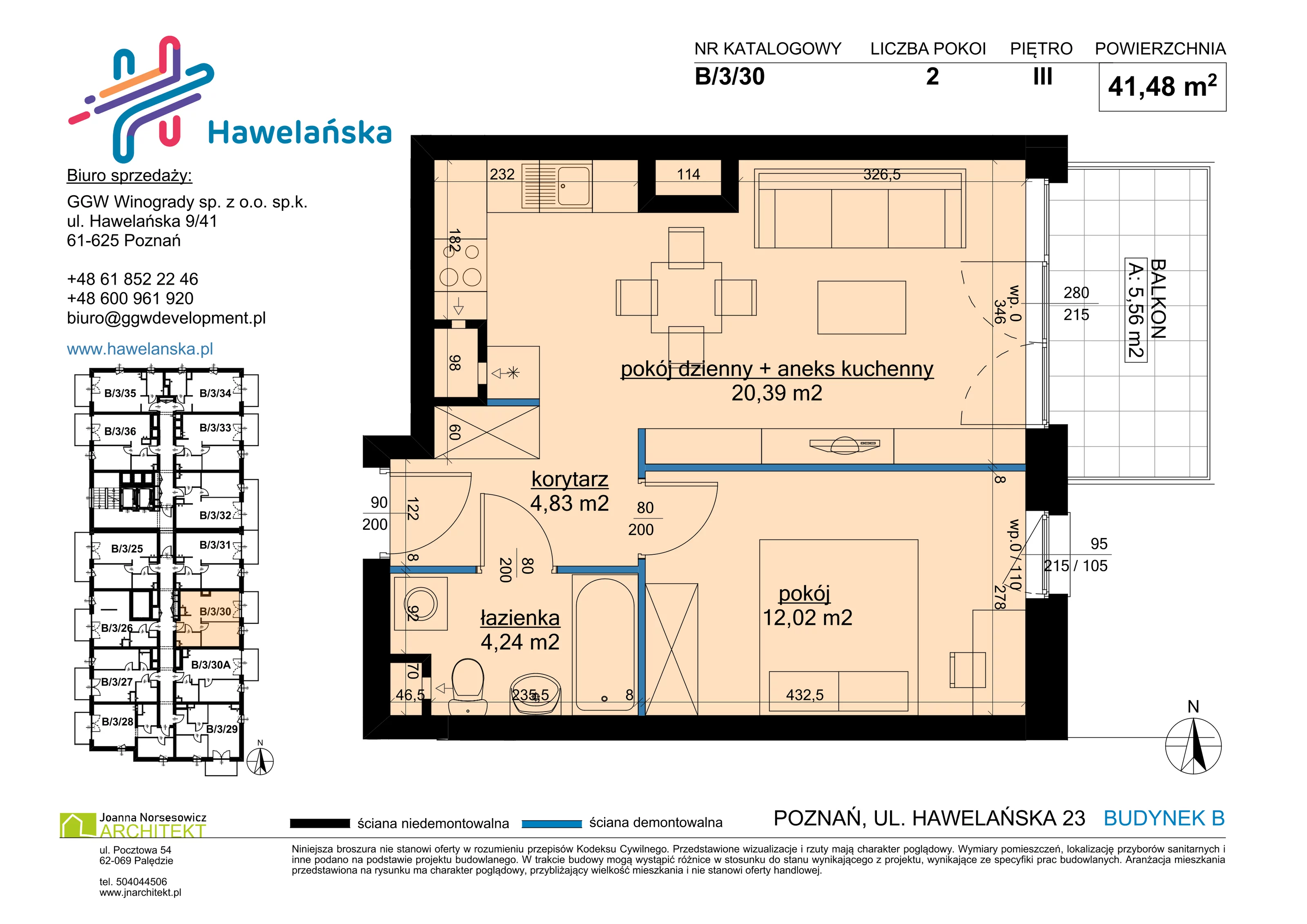 2 pokoje, mieszkanie 41,48 m², piętro 3, oferta nr B/3/30, Osiedle Hawelańska III etap, Poznań, Winogrady, ul. Hawelańska 25