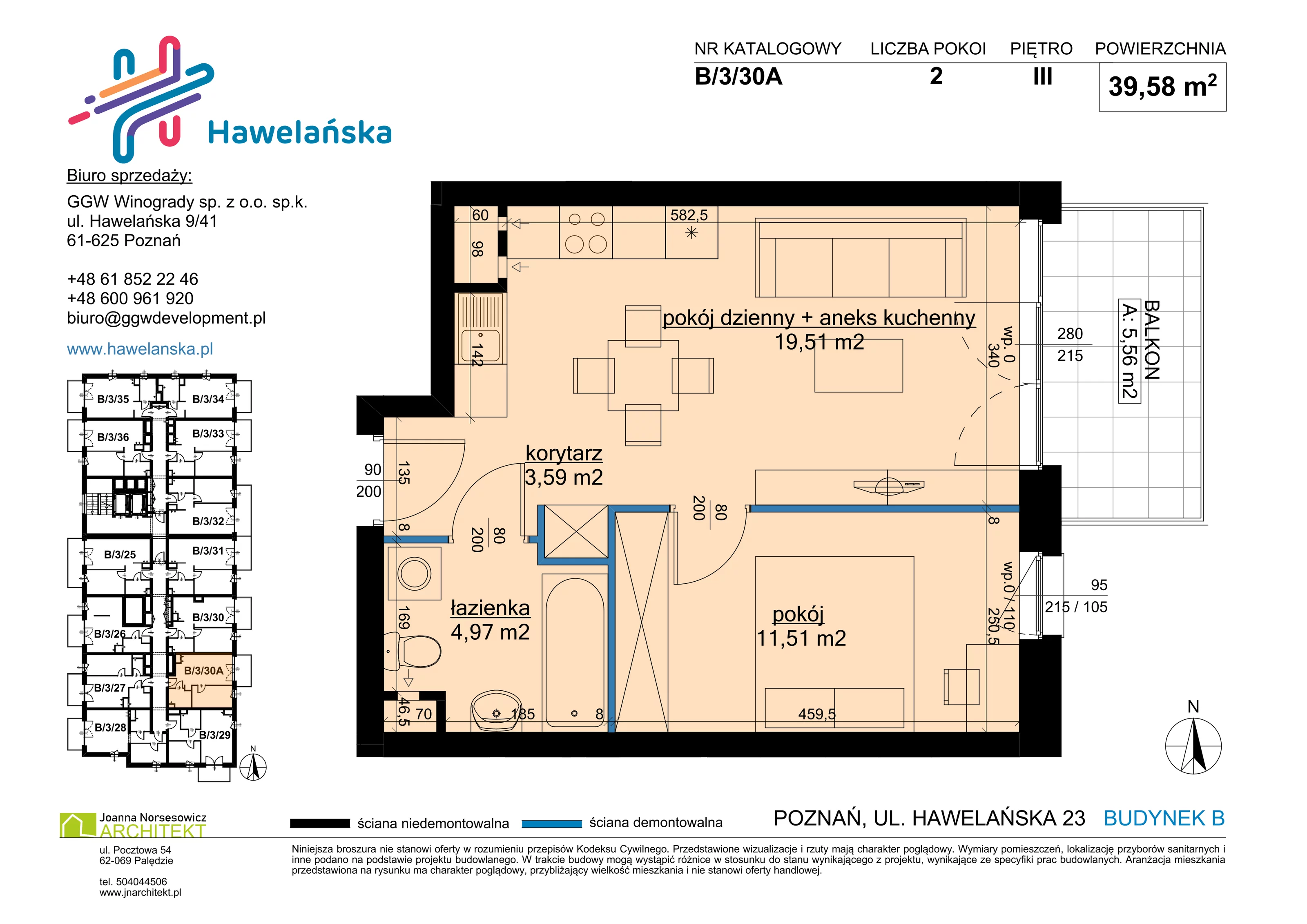 2 pokoje, mieszkanie 39,58 m², piętro 3, oferta nr B/3/30A, Osiedle Hawelańska III etap, Poznań, Winogrady, ul. Hawelańska 25