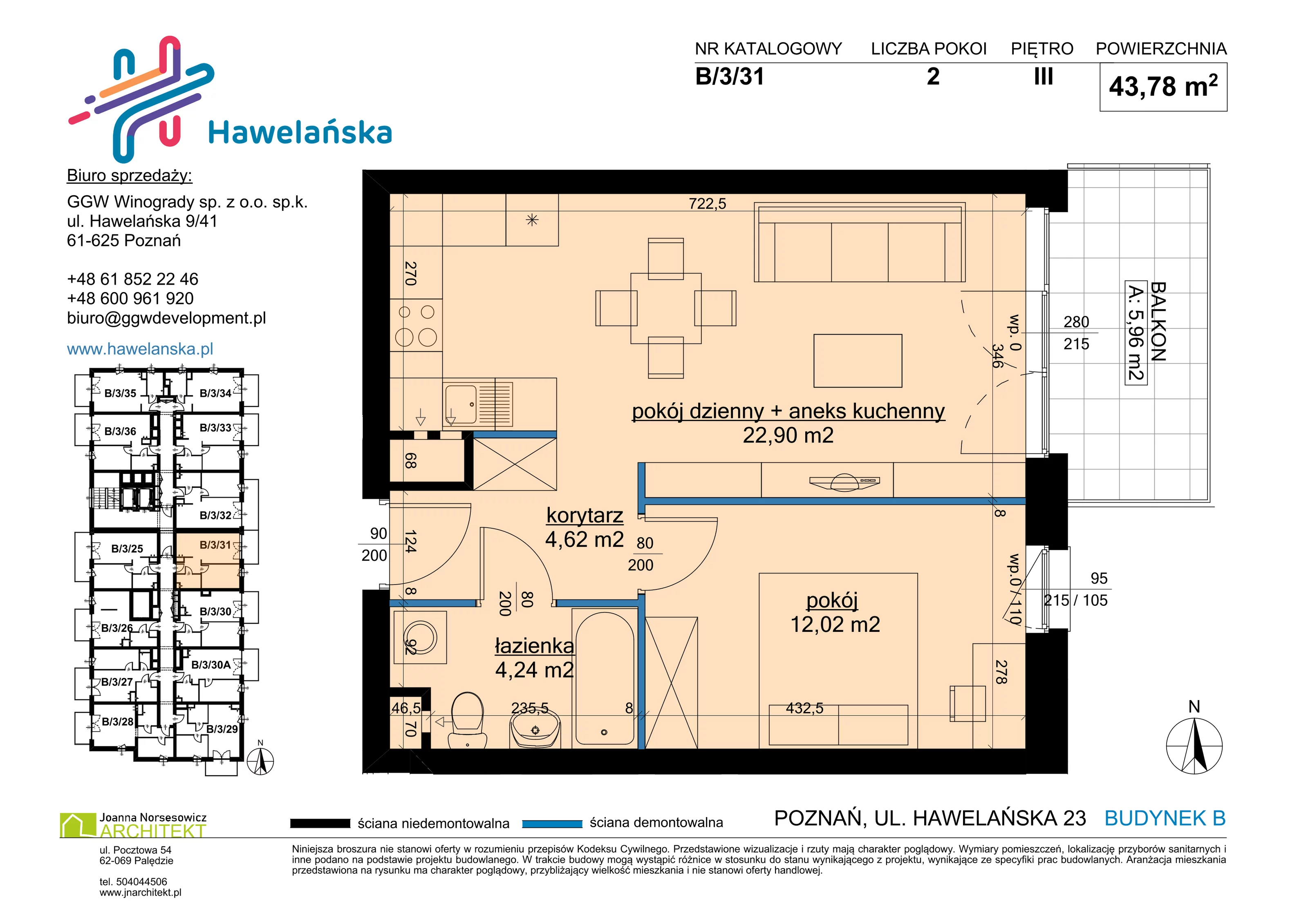 2 pokoje, mieszkanie 43,78 m², piętro 3, oferta nr B/3/31, Osiedle Hawelańska III etap, Poznań, Winogrady, ul. Hawelańska 25