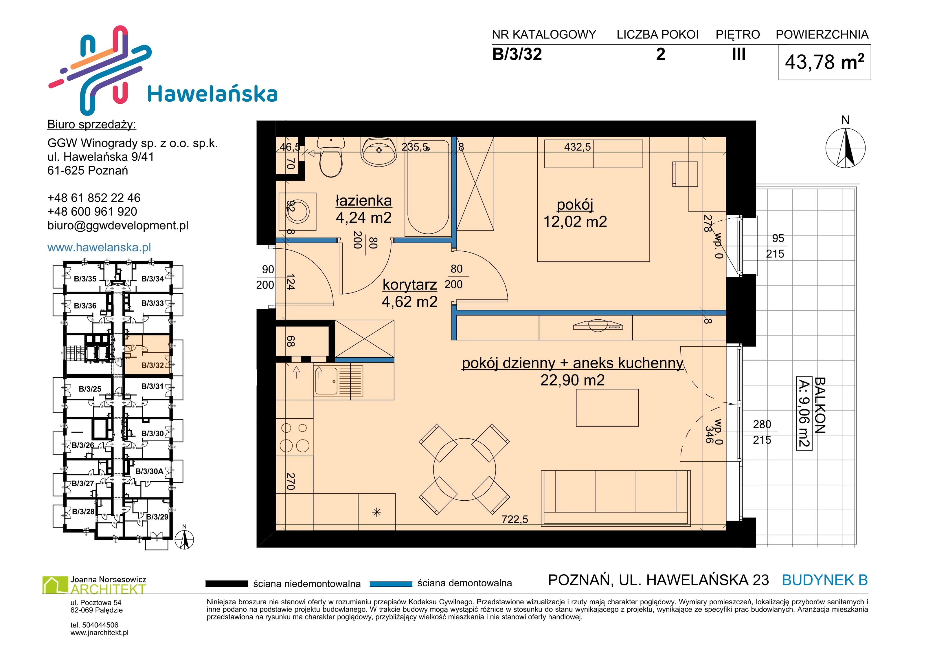 2 pokoje, mieszkanie 43,78 m², piętro 3, oferta nr B/3/32, Osiedle Hawelańska III etap, Poznań, Winogrady, ul. Hawelańska 25