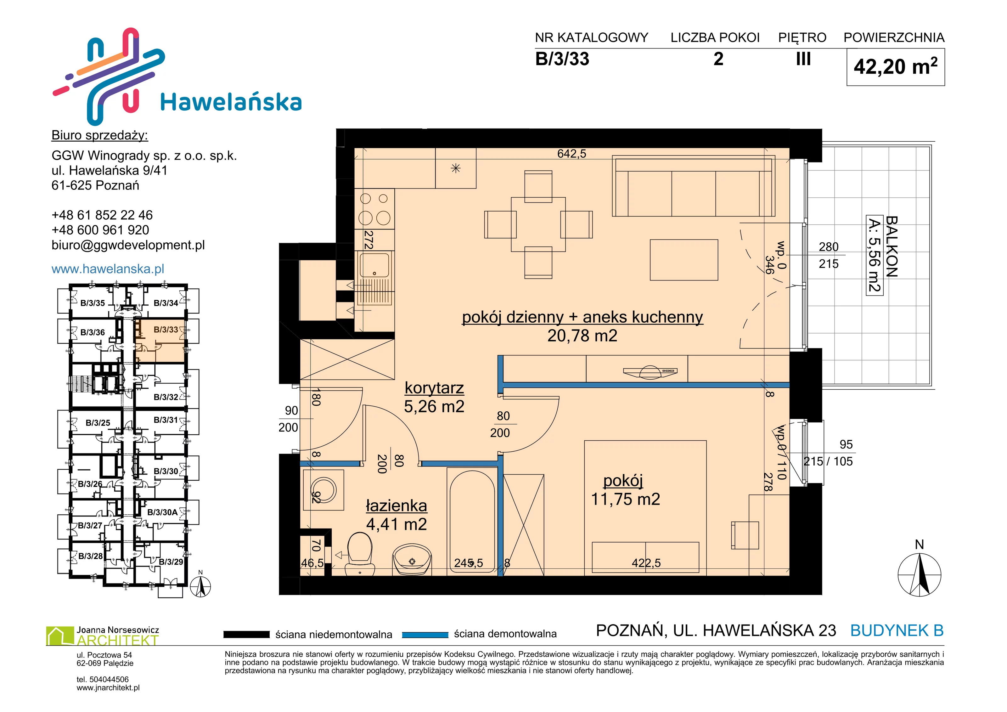 2 pokoje, mieszkanie 42,20 m², piętro 3, oferta nr B/3/33, Osiedle Hawelańska III etap, Poznań, Winogrady, ul. Hawelańska 25