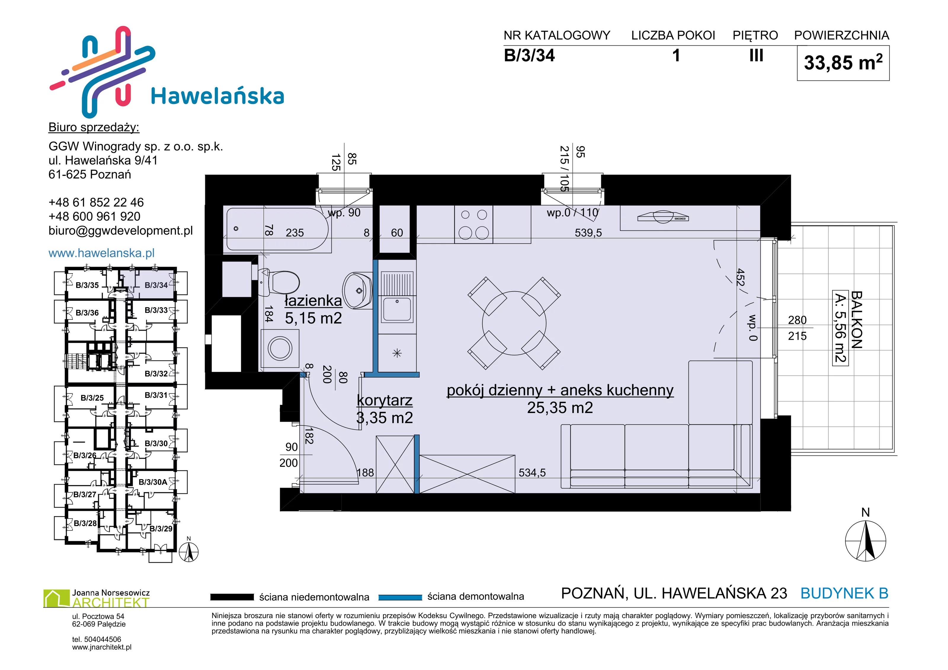 1 pokój, mieszkanie 33,85 m², piętro 3, oferta nr B/3/34, Osiedle Hawelańska III etap, Poznań, Winogrady, ul. Hawelańska 25