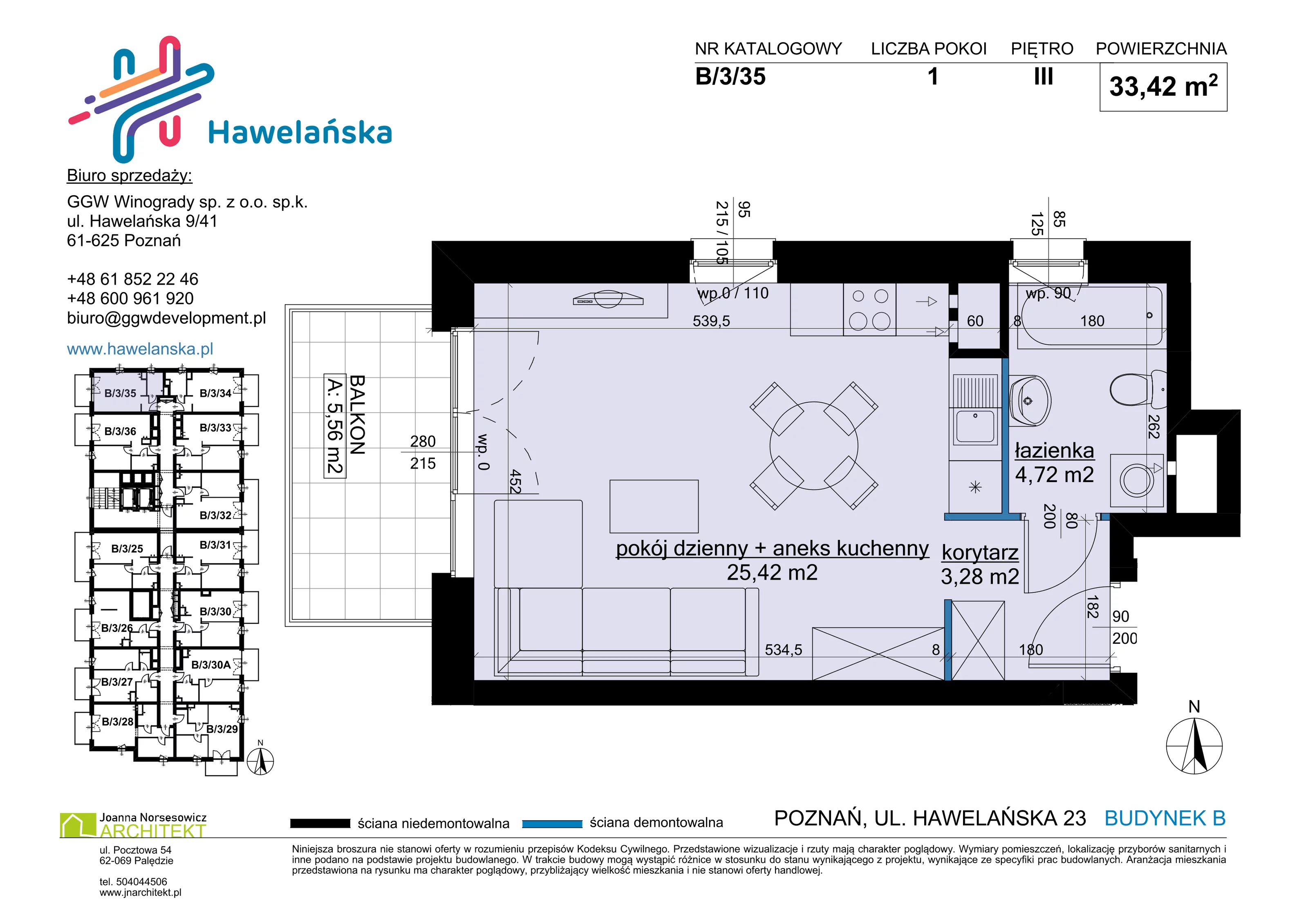 1 pokój, mieszkanie 33,42 m², piętro 3, oferta nr B/3/35, Osiedle Hawelańska III etap, Poznań, Winogrady, ul. Hawelańska 25