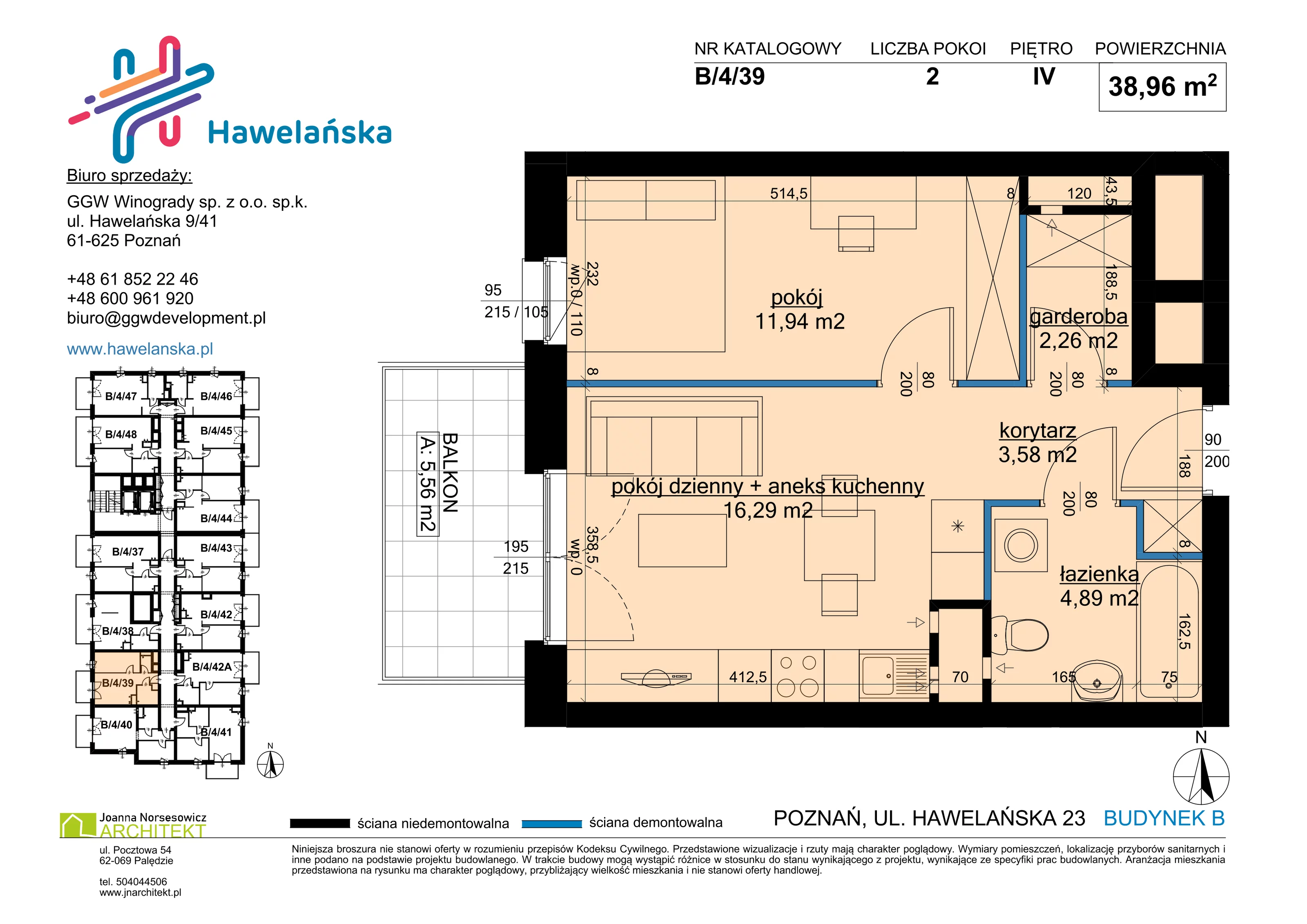 2 pokoje, mieszkanie 38,96 m², piętro 4, oferta nr B/4/39, Osiedle Hawelańska III etap, Poznań, Winogrady, ul. Hawelańska 25