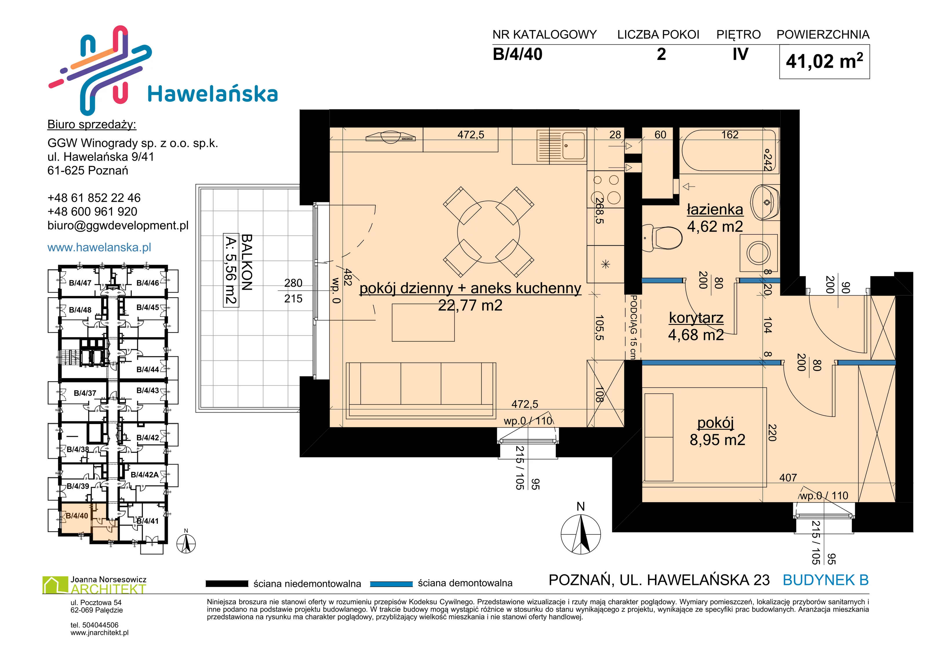 2 pokoje, mieszkanie 41,02 m², piętro 4, oferta nr B/4/40, Osiedle Hawelańska III etap, Poznań, Winogrady, ul. Hawelańska 25