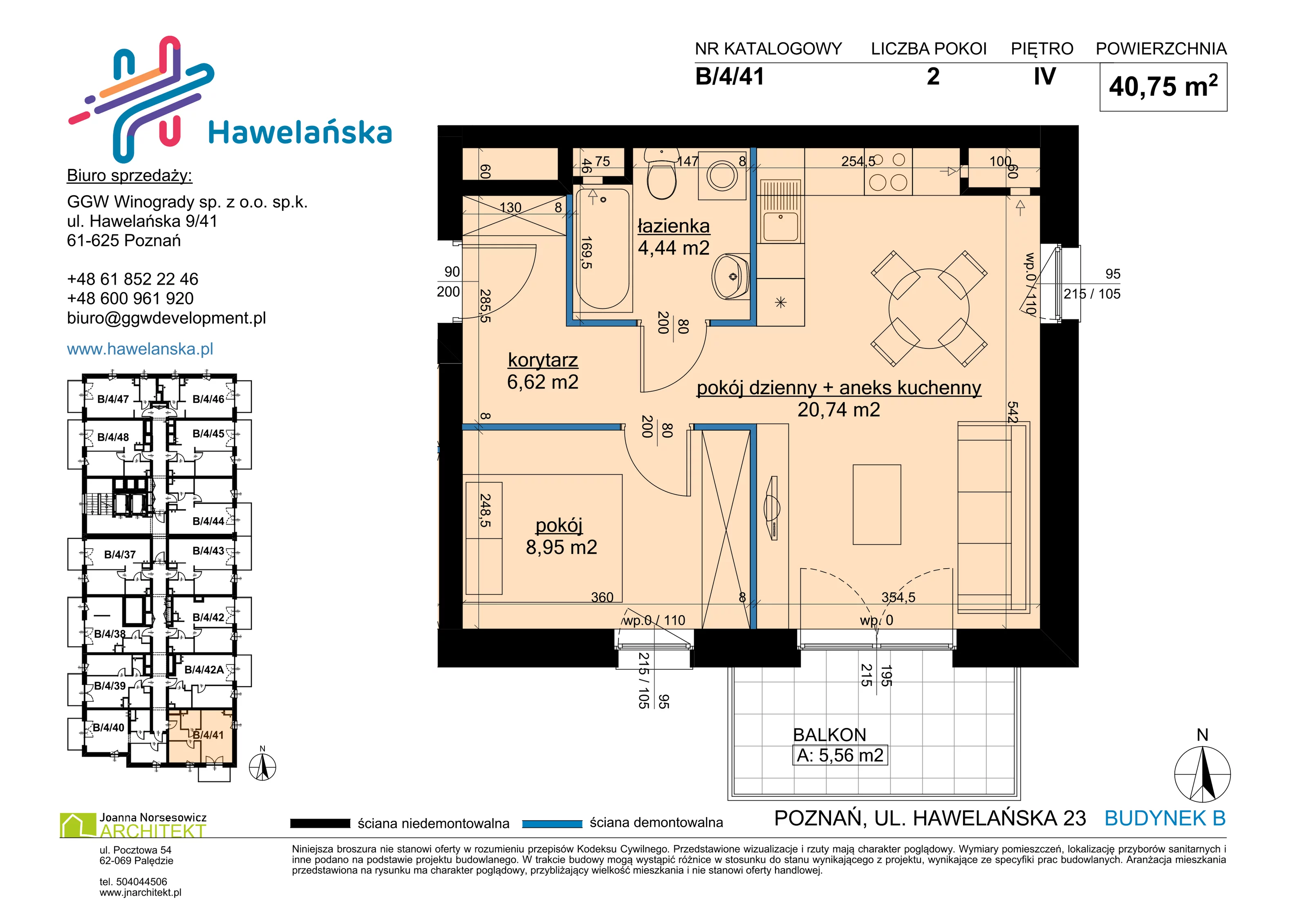 2 pokoje, mieszkanie 40,75 m², piętro 4, oferta nr B/4/41, Osiedle Hawelańska III etap, Poznań, Winogrady, ul. Hawelańska 25