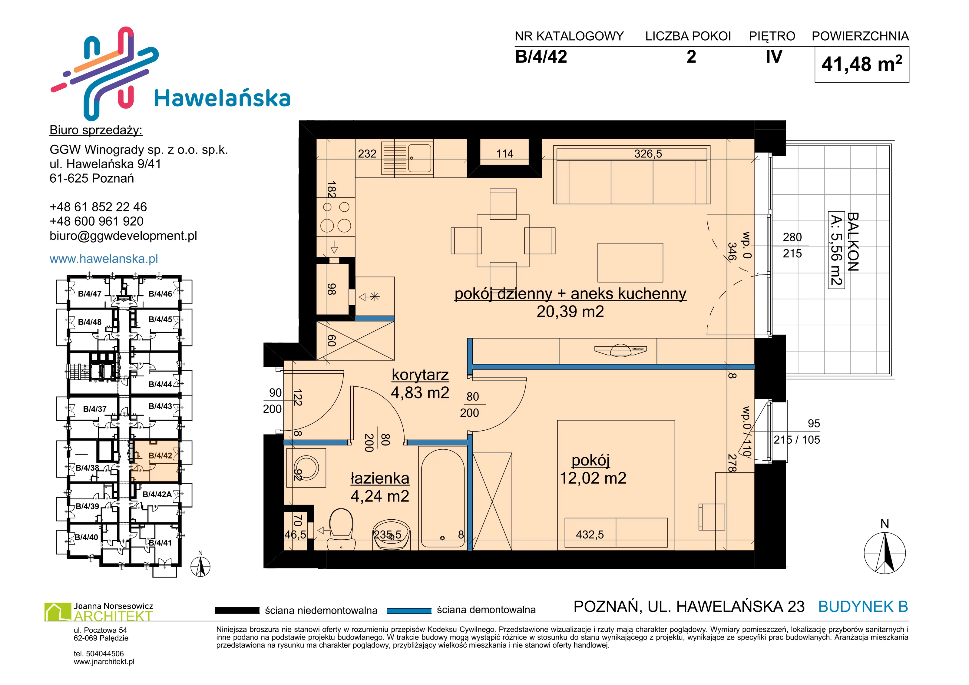 2 pokoje, mieszkanie 41,48 m², piętro 4, oferta nr B/4/42, Osiedle Hawelańska III etap, Poznań, Winogrady, ul. Hawelańska 25