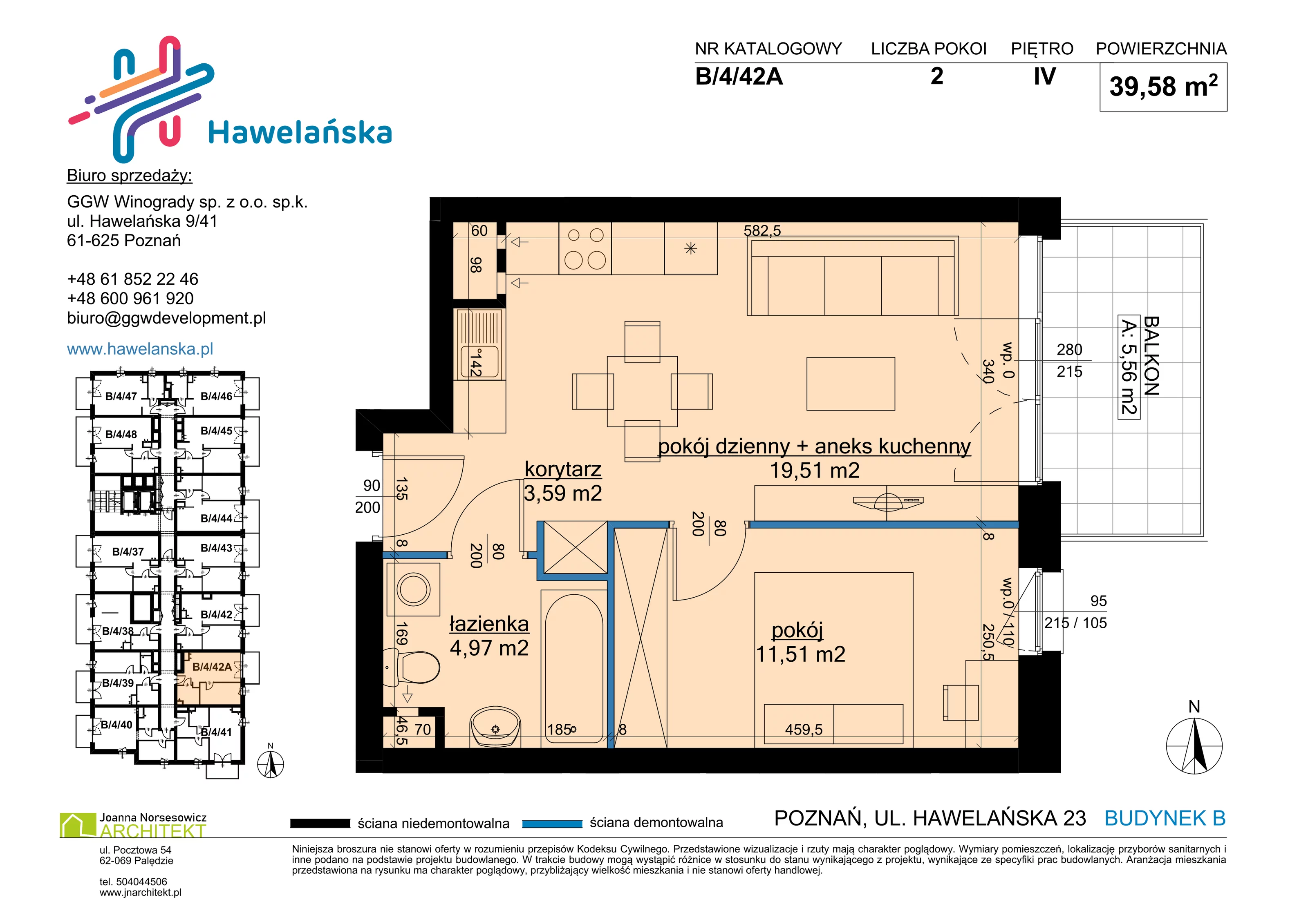 2 pokoje, mieszkanie 39,58 m², piętro 4, oferta nr B/4/42A, Osiedle Hawelańska III etap, Poznań, Winogrady, ul. Hawelańska 25