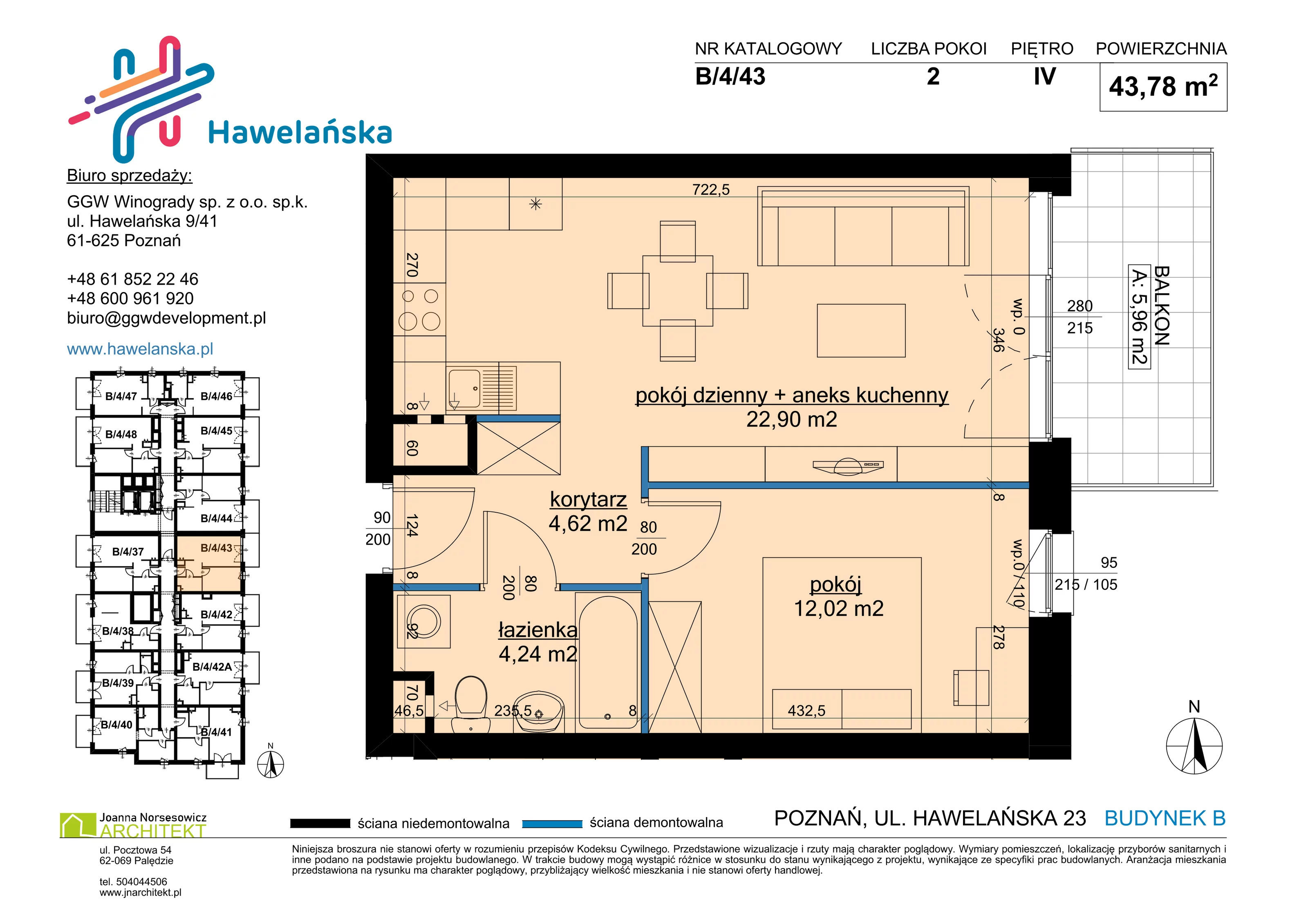 2 pokoje, mieszkanie 43,78 m², piętro 4, oferta nr B/4/43, Osiedle Hawelańska III etap, Poznań, Winogrady, ul. Hawelańska 25