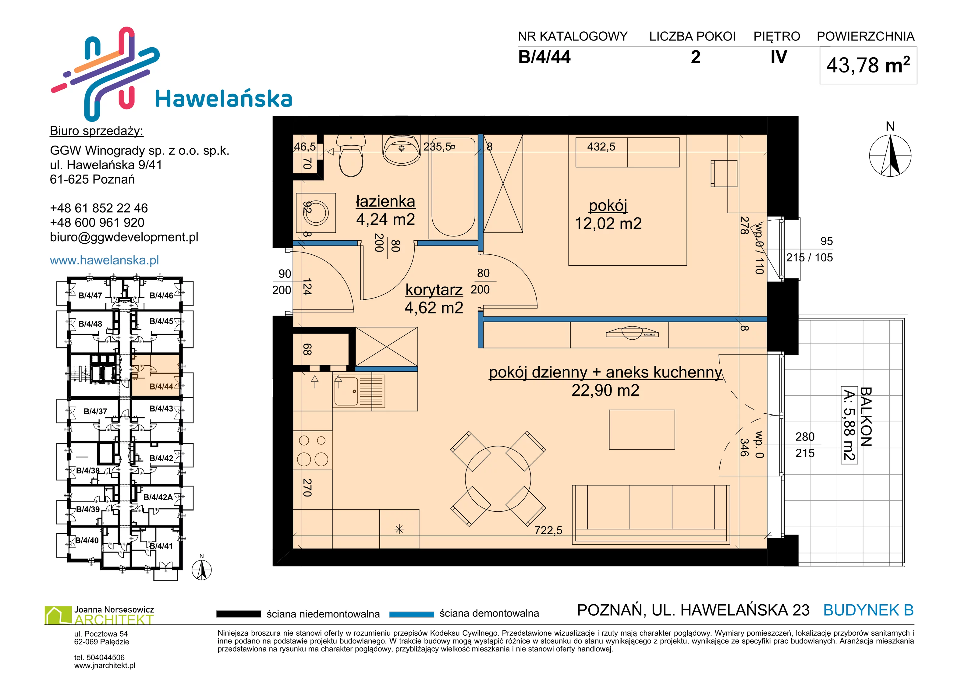 2 pokoje, mieszkanie 43,78 m², piętro 4, oferta nr B/4/44, Osiedle Hawelańska III etap, Poznań, Winogrady, ul. Hawelańska 25