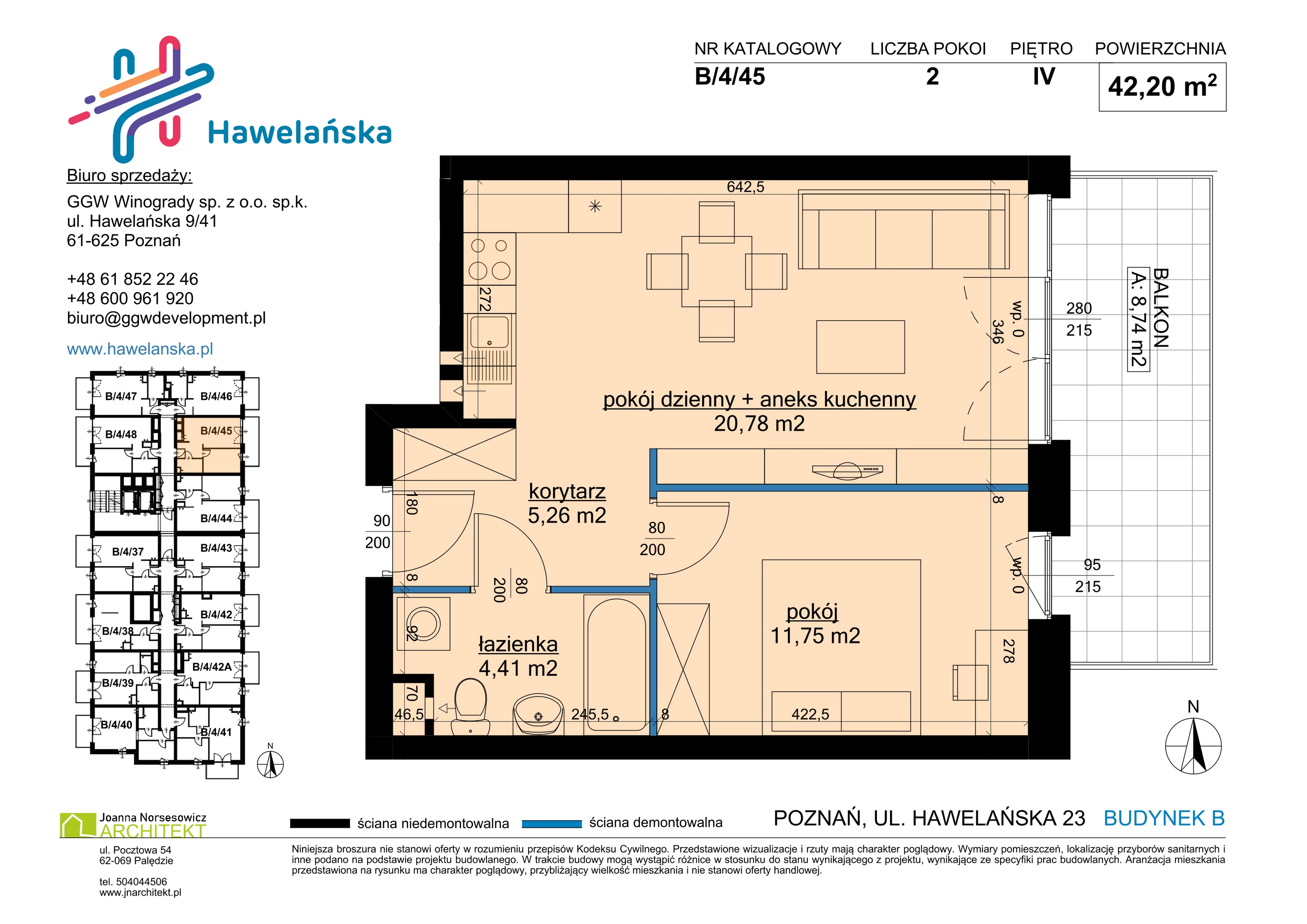 2 pokoje, mieszkanie 42,20 m², piętro 4, oferta nr B/4/45, Osiedle Hawelańska III etap, Poznań, Winogrady, ul. Hawelańska 25