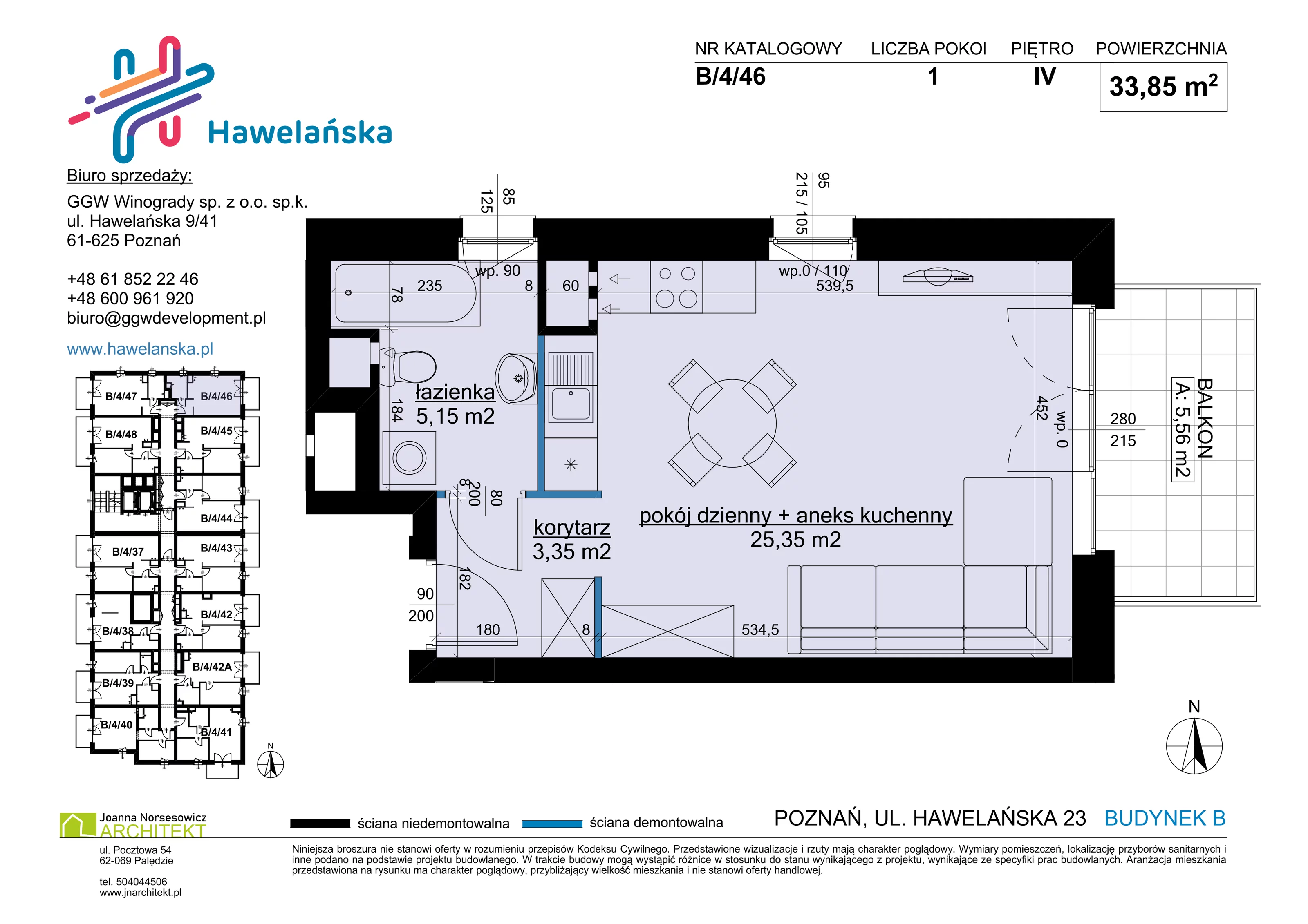 1 pokój, mieszkanie 33,85 m², piętro 4, oferta nr B/4/46, Osiedle Hawelańska III etap, Poznań, Winogrady, ul. Hawelańska 25