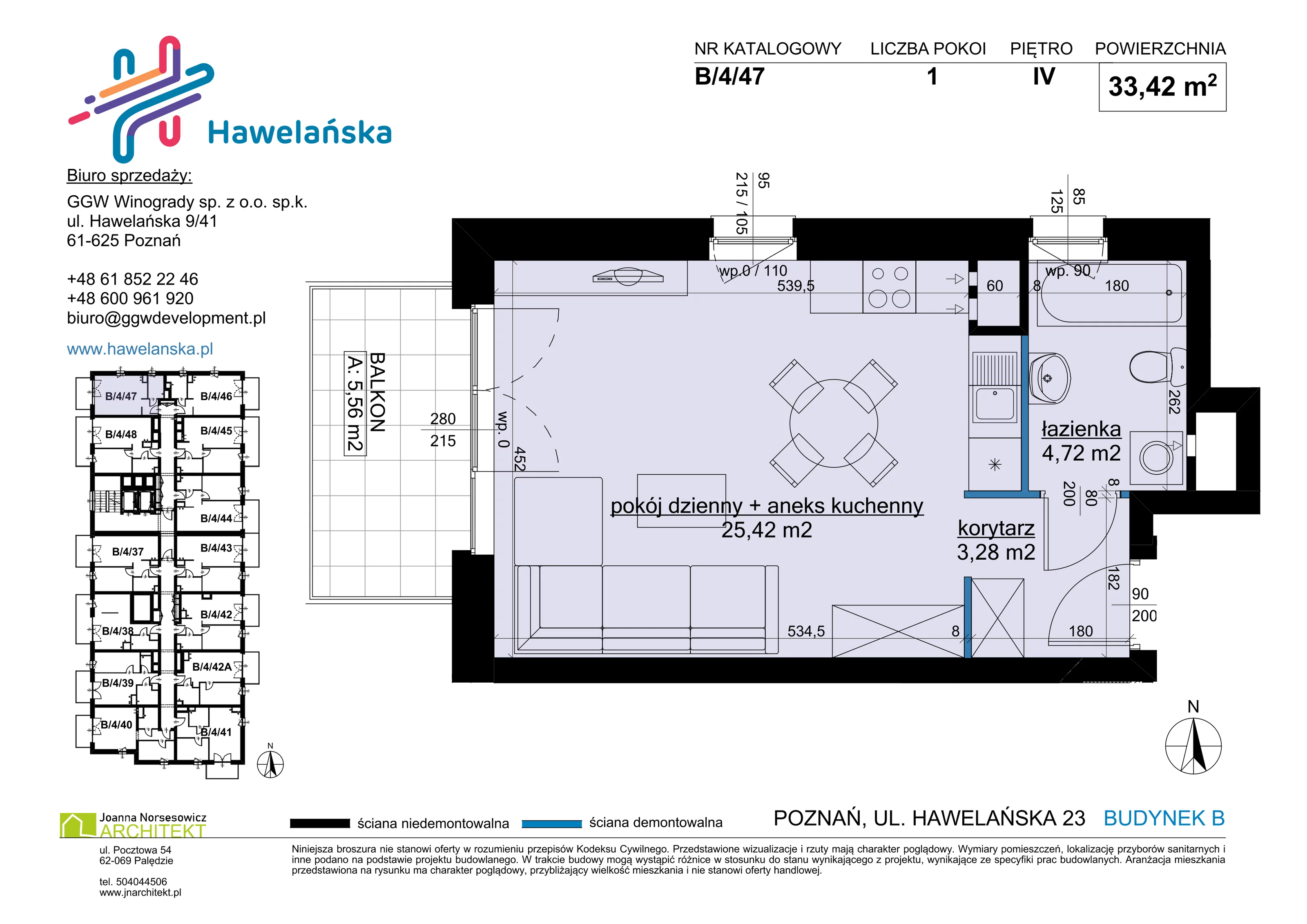 1 pokój, mieszkanie 33,42 m², piętro 4, oferta nr B/4/47, Osiedle Hawelańska III etap, Poznań, Winogrady, ul. Hawelańska 25