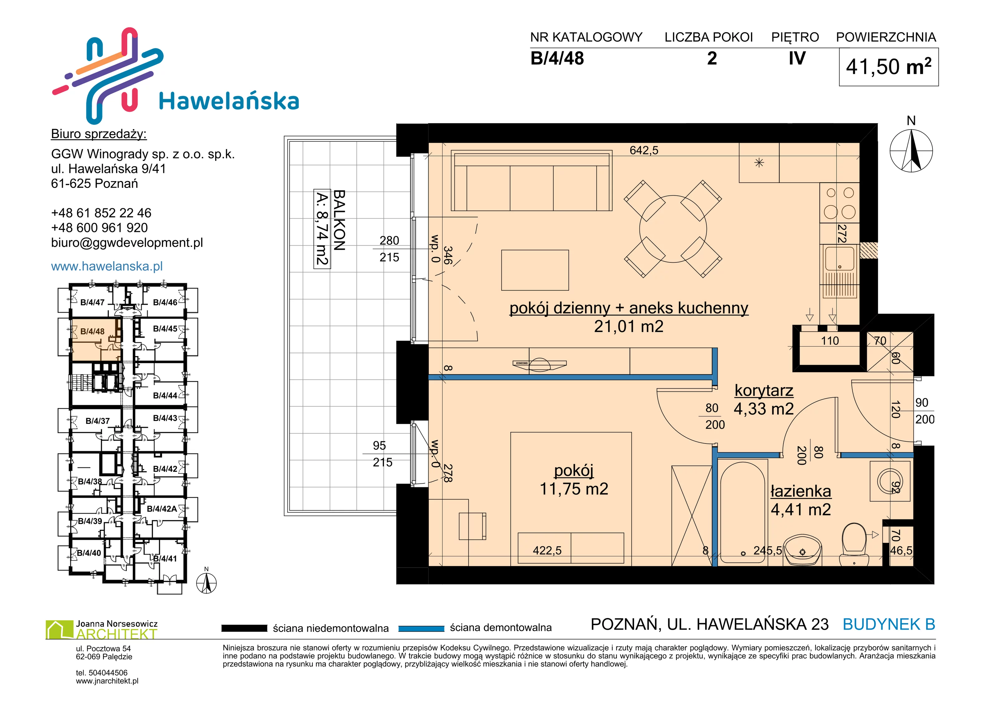 2 pokoje, mieszkanie 41,50 m², piętro 4, oferta nr B/4/48, Osiedle Hawelańska III etap, Poznań, Winogrady, ul. Hawelańska 25