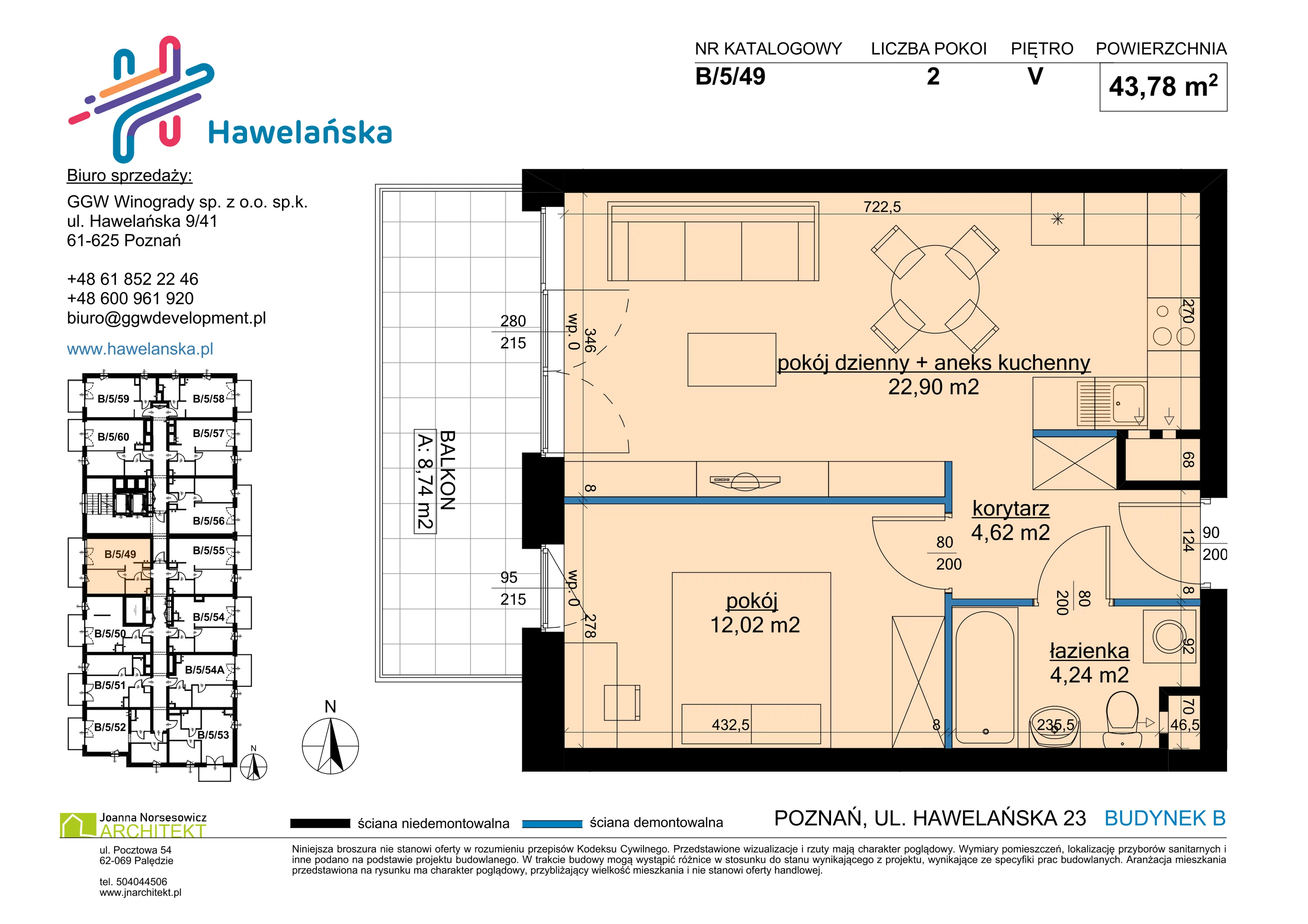 2 pokoje, mieszkanie 43,78 m², piętro 5, oferta nr B/5/49, Osiedle Hawelańska III etap, Poznań, Winogrady, ul. Hawelańska 25