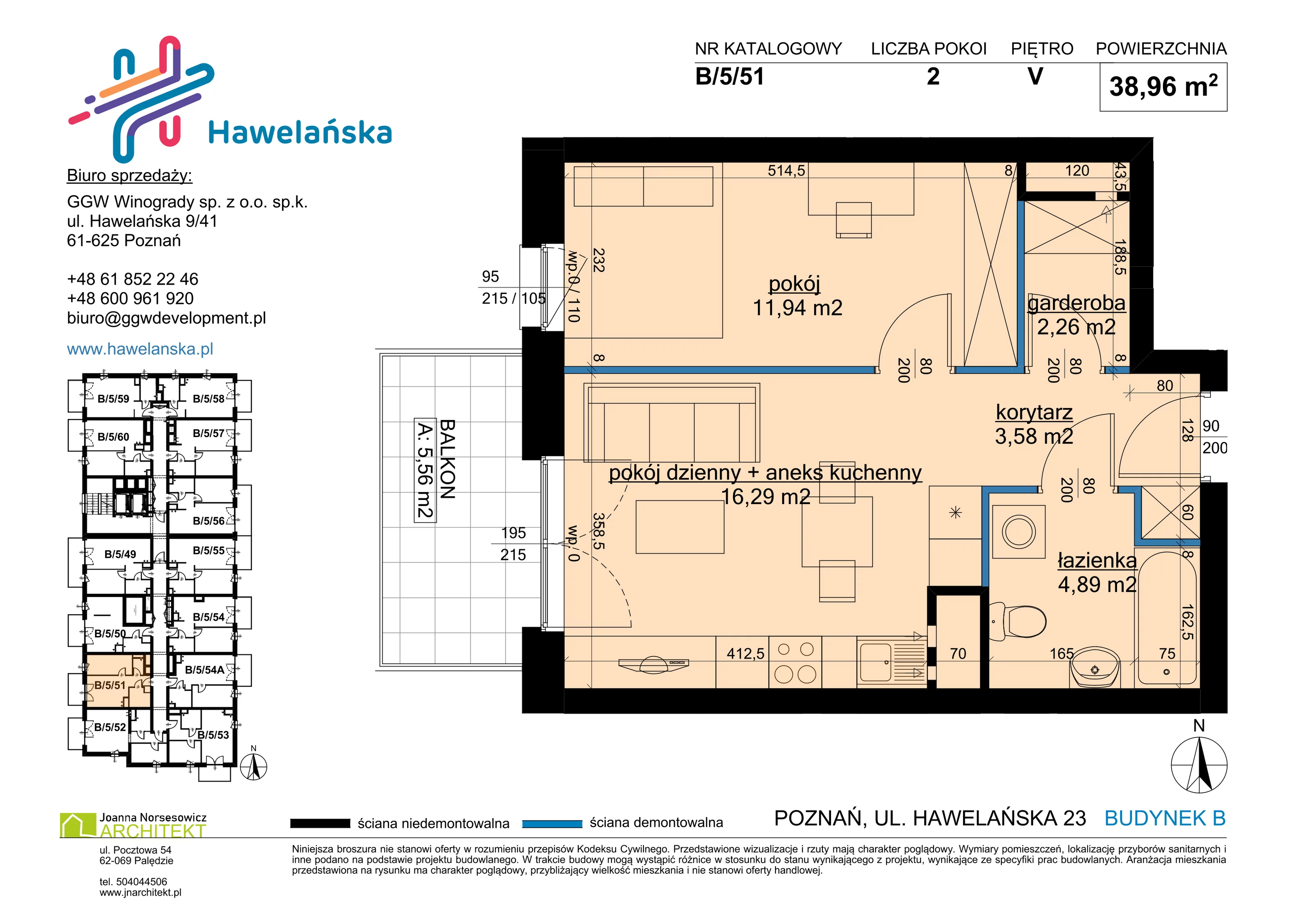 2 pokoje, mieszkanie 38,96 m², piętro 5, oferta nr B/5/51, Osiedle Hawelańska III etap, Poznań, Winogrady, ul. Hawelańska 25