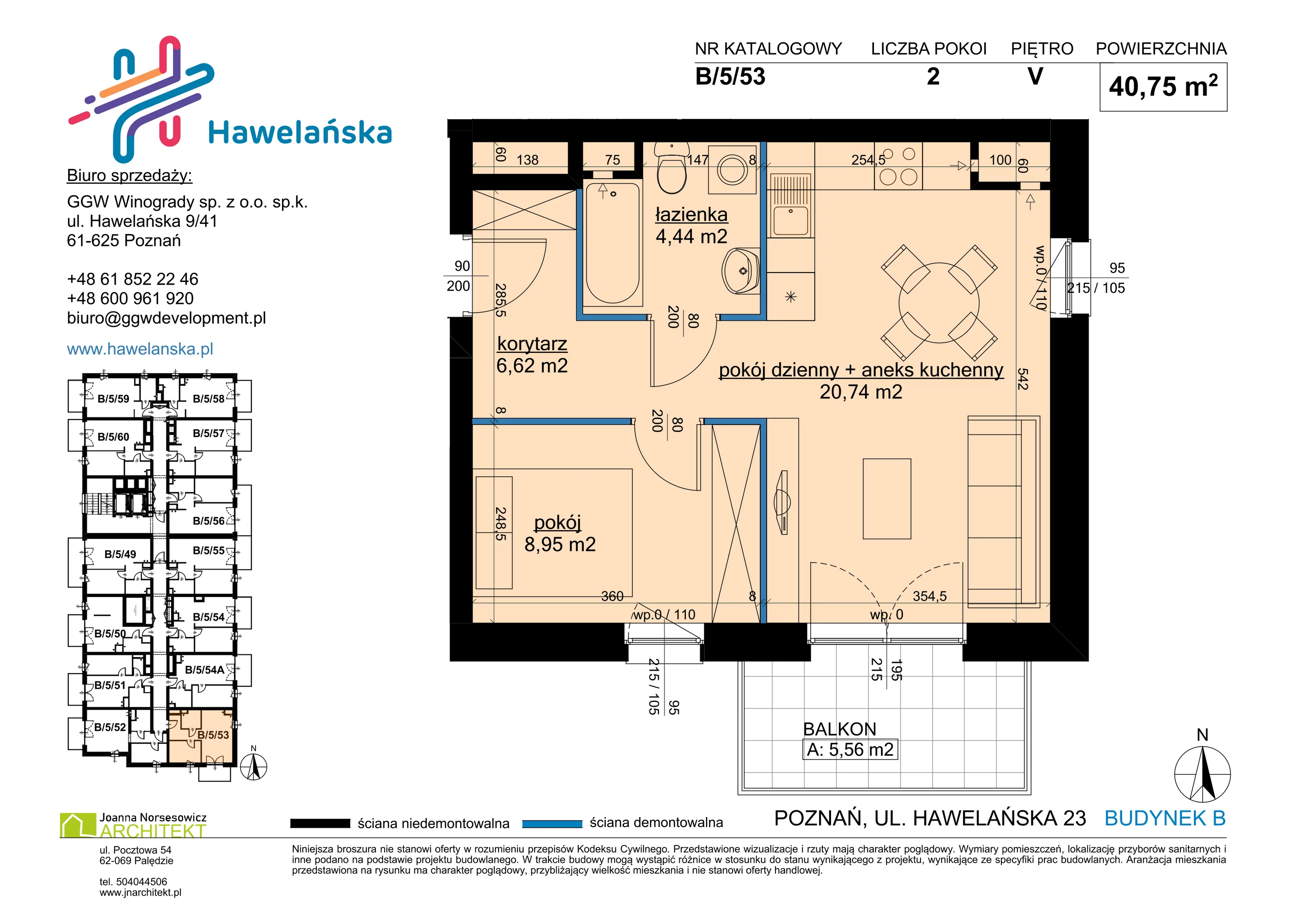 2 pokoje, mieszkanie 40,75 m², piętro 5, oferta nr B/5/53, Osiedle Hawelańska III etap, Poznań, Winogrady, ul. Hawelańska 25