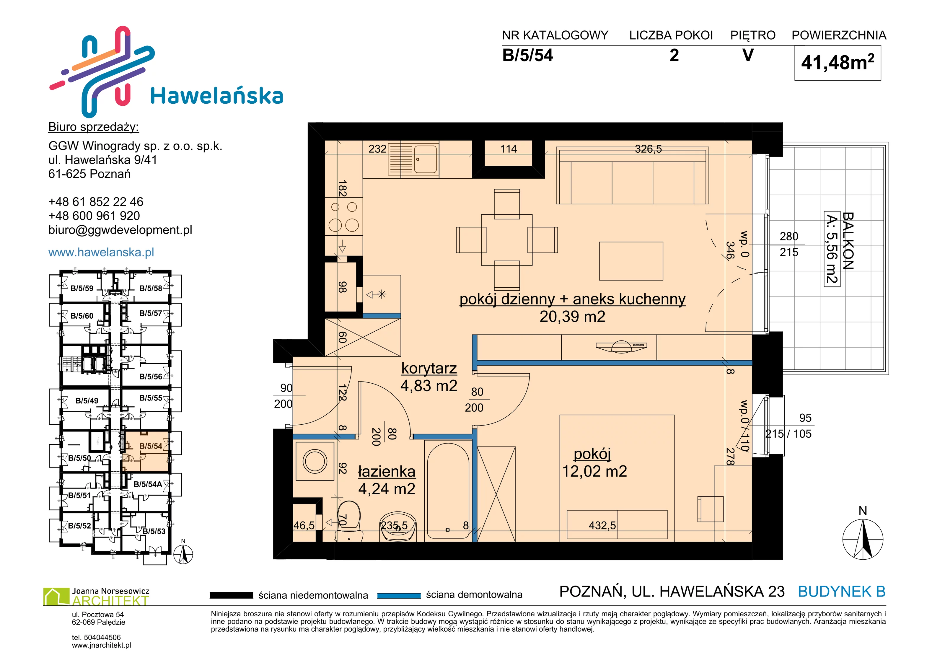 2 pokoje, mieszkanie 41,48 m², piętro 5, oferta nr B/5/54, Osiedle Hawelańska III etap, Poznań, Winogrady, ul. Hawelańska 25