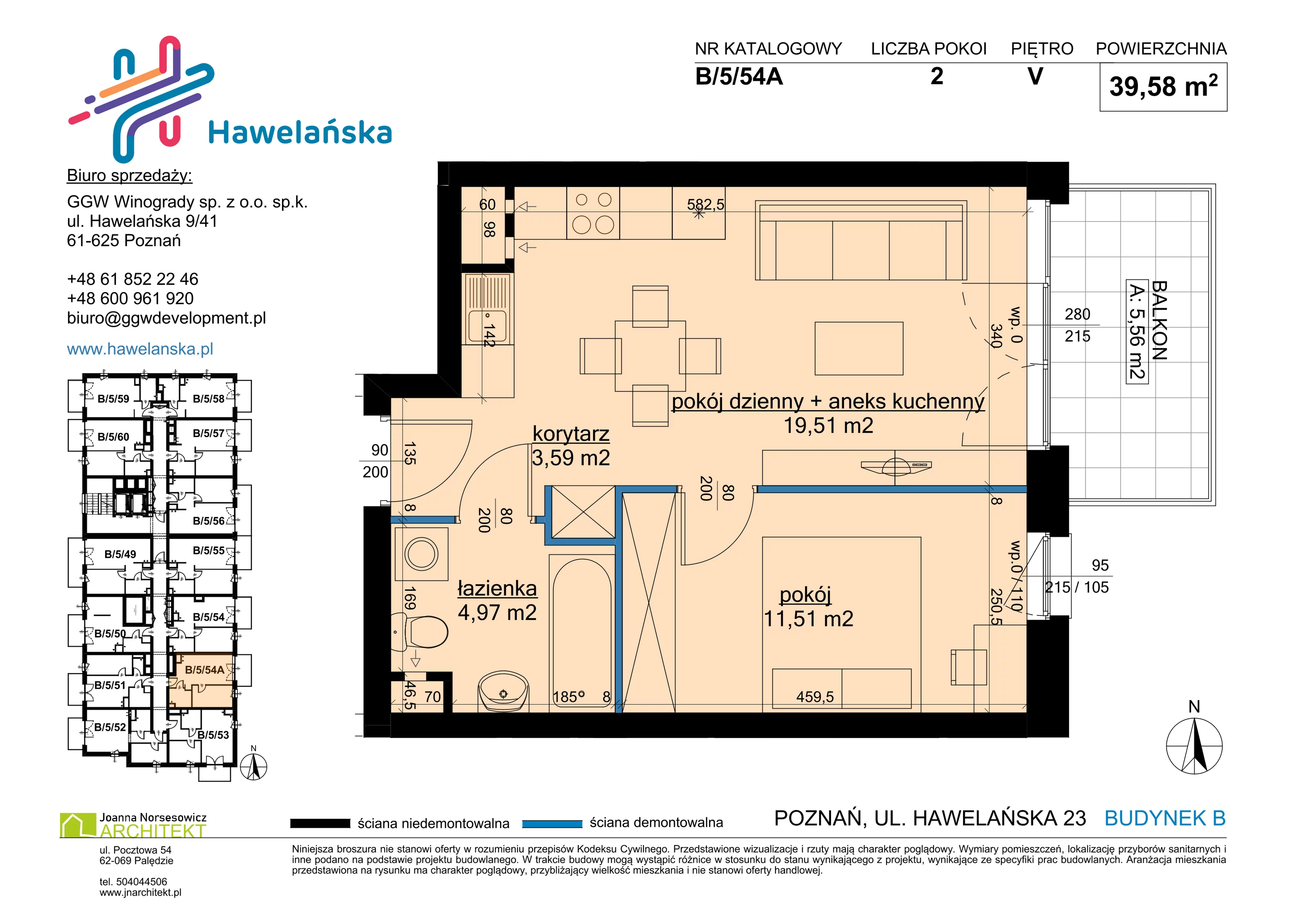 2 pokoje, mieszkanie 39,58 m², piętro 5, oferta nr B/5/54A, Osiedle Hawelańska III etap, Poznań, Winogrady, ul. Hawelańska 25