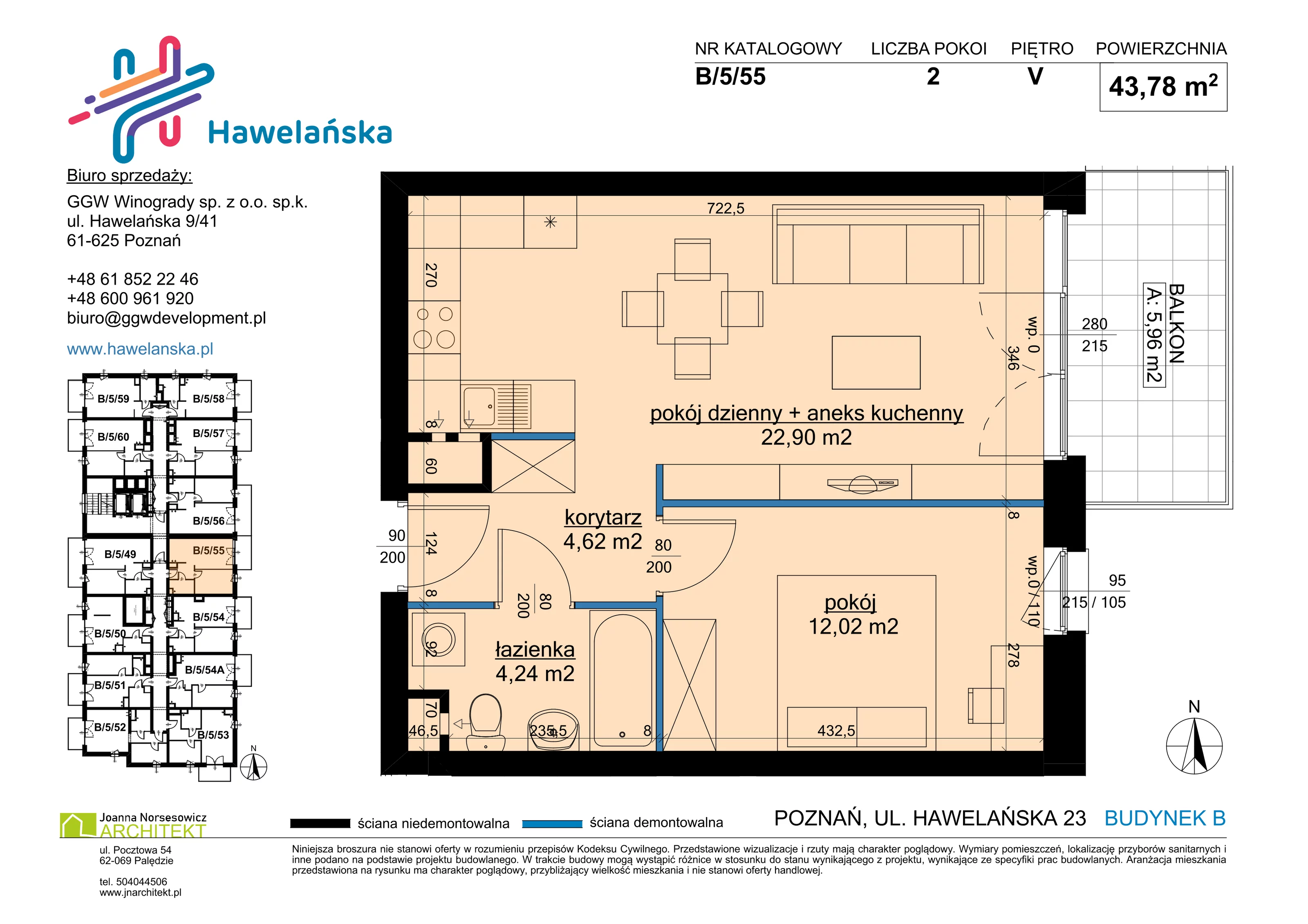 2 pokoje, mieszkanie 43,78 m², piętro 5, oferta nr B/5/55, Osiedle Hawelańska III etap, Poznań, Winogrady, ul. Hawelańska 25