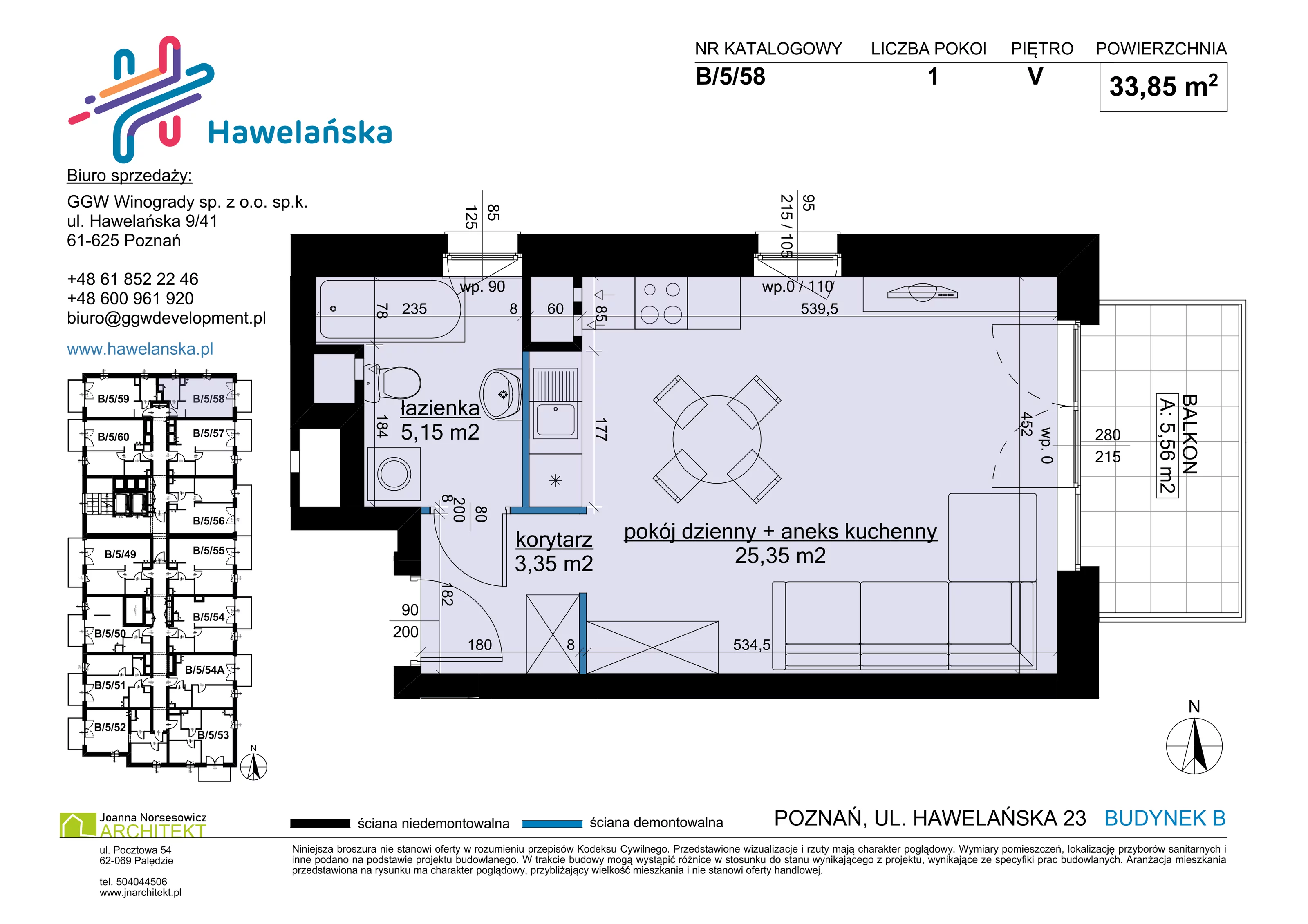 1 pokój, mieszkanie 33,85 m², piętro 5, oferta nr B/5/58, Osiedle Hawelańska III etap, Poznań, Winogrady, ul. Hawelańska 25