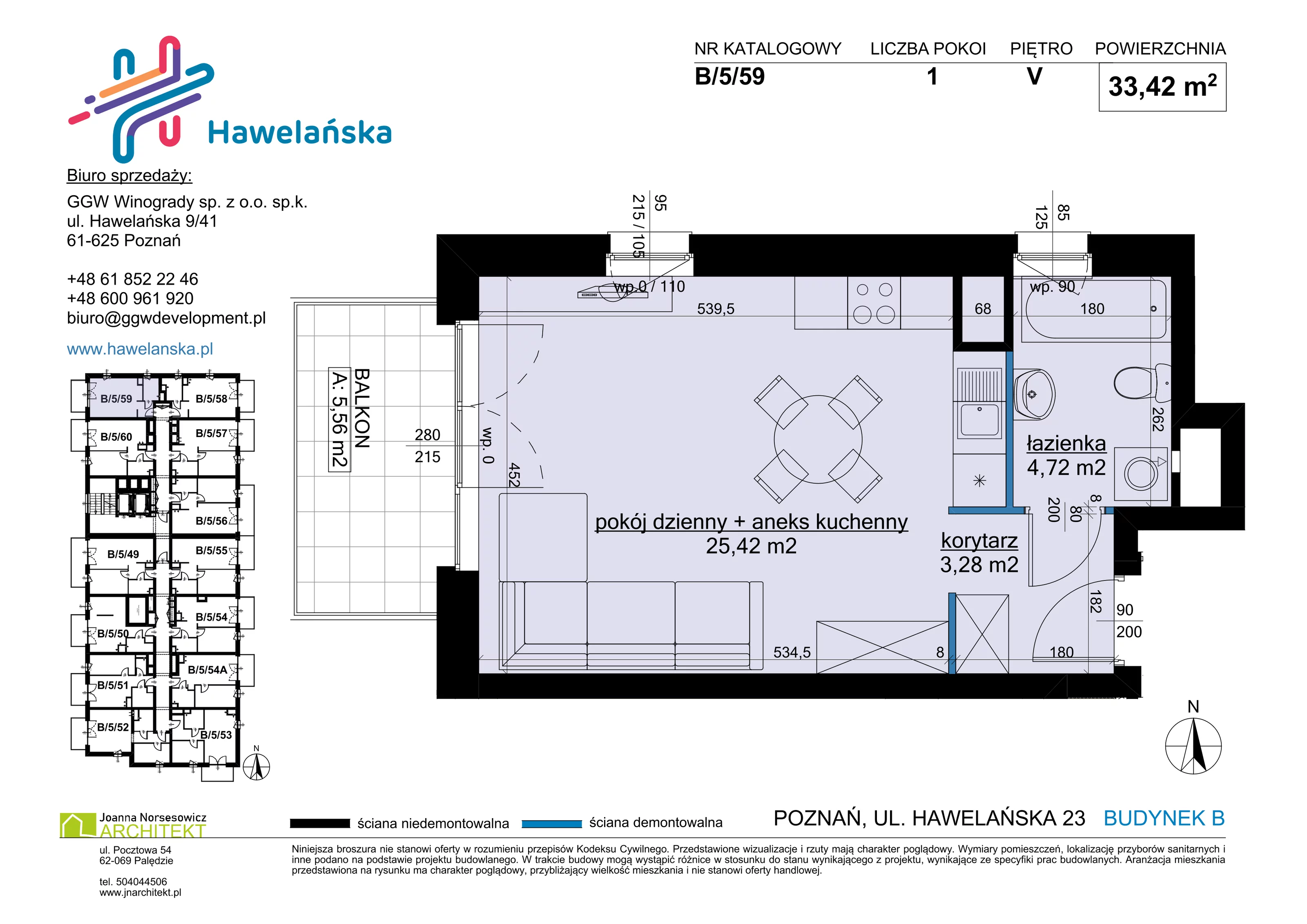 1 pokój, mieszkanie 33,42 m², piętro 5, oferta nr B/5/59, Osiedle Hawelańska III etap, Poznań, Winogrady, ul. Hawelańska 25