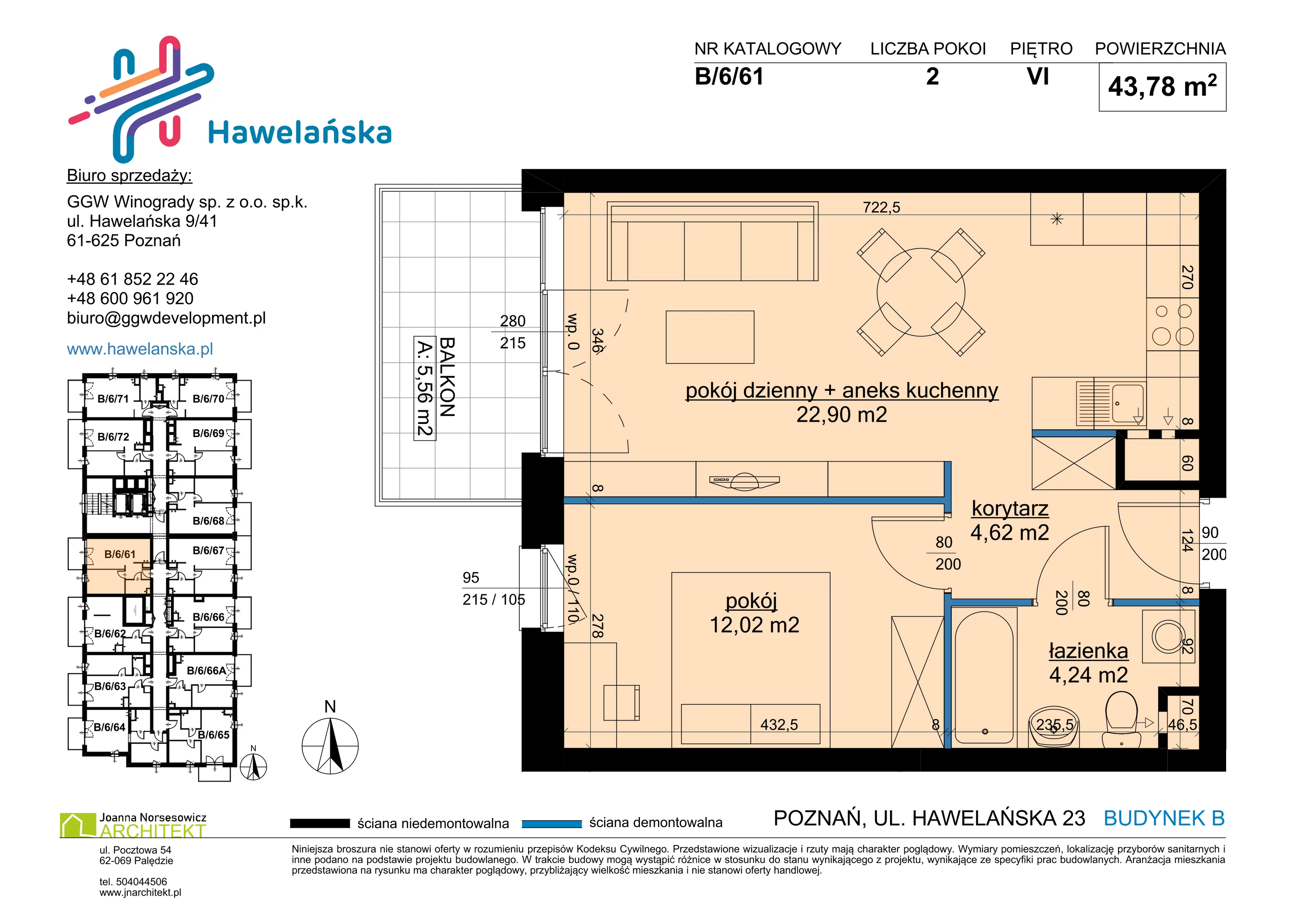 2 pokoje, mieszkanie 43,78 m², piętro 6, oferta nr B/6/61, Osiedle Hawelańska III etap, Poznań, Winogrady, ul. Hawelańska 25