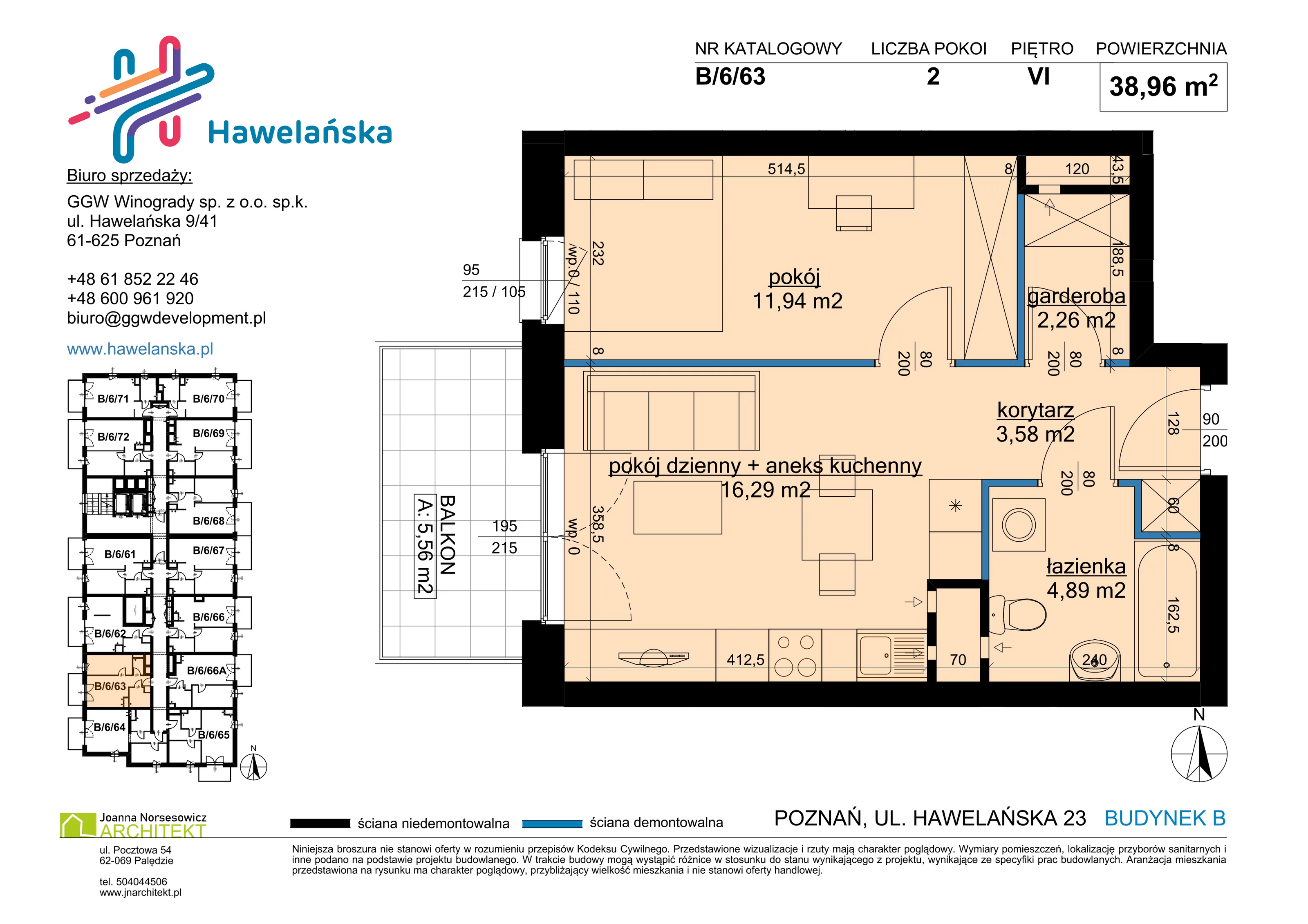 2 pokoje, mieszkanie 38,96 m², piętro 6, oferta nr B/6/63, Osiedle Hawelańska III etap, Poznań, Winogrady, ul. Hawelańska 25