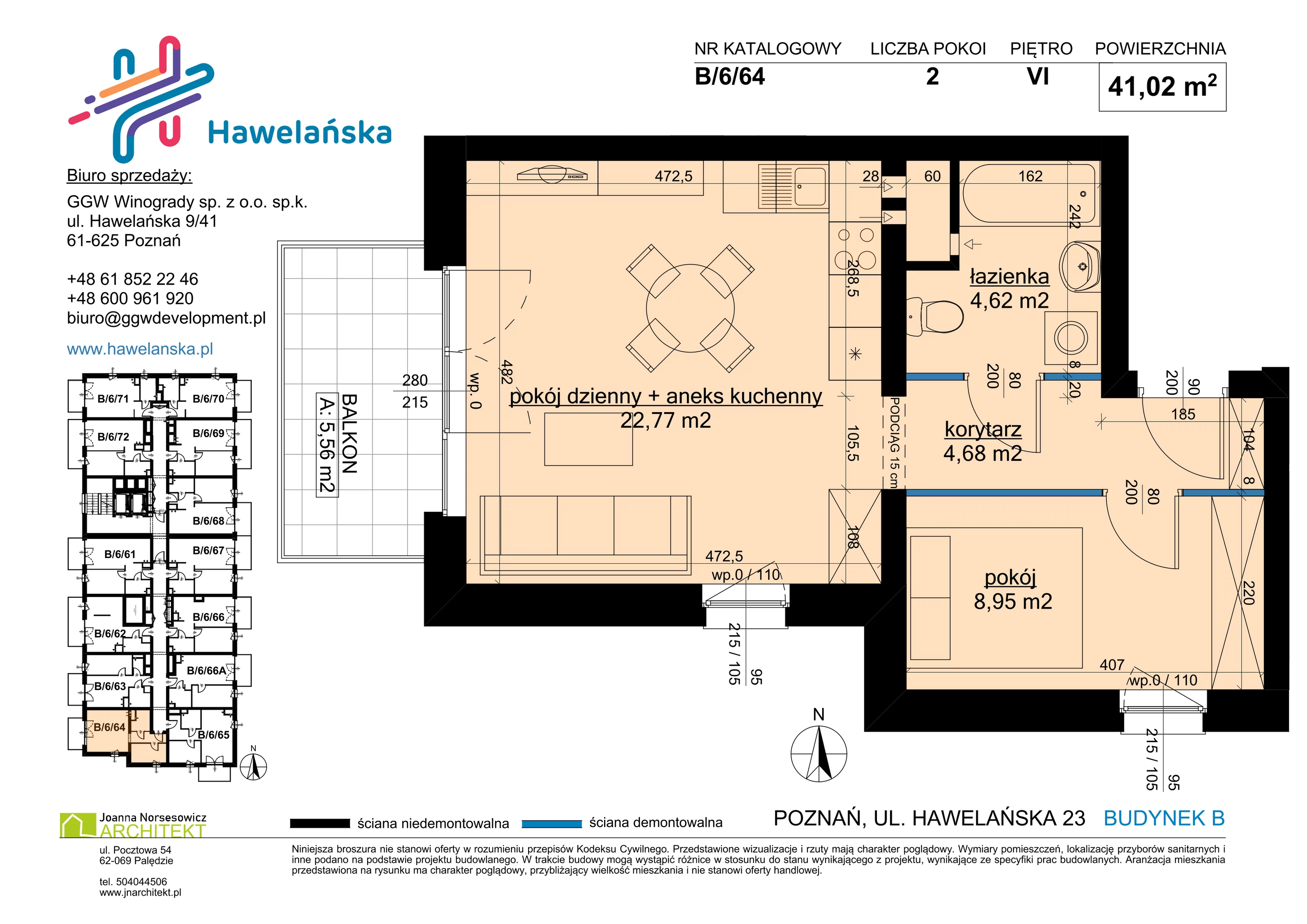 2 pokoje, mieszkanie 41,02 m², piętro 6, oferta nr B/6/64, Osiedle Hawelańska III etap, Poznań, Winogrady, ul. Hawelańska 25