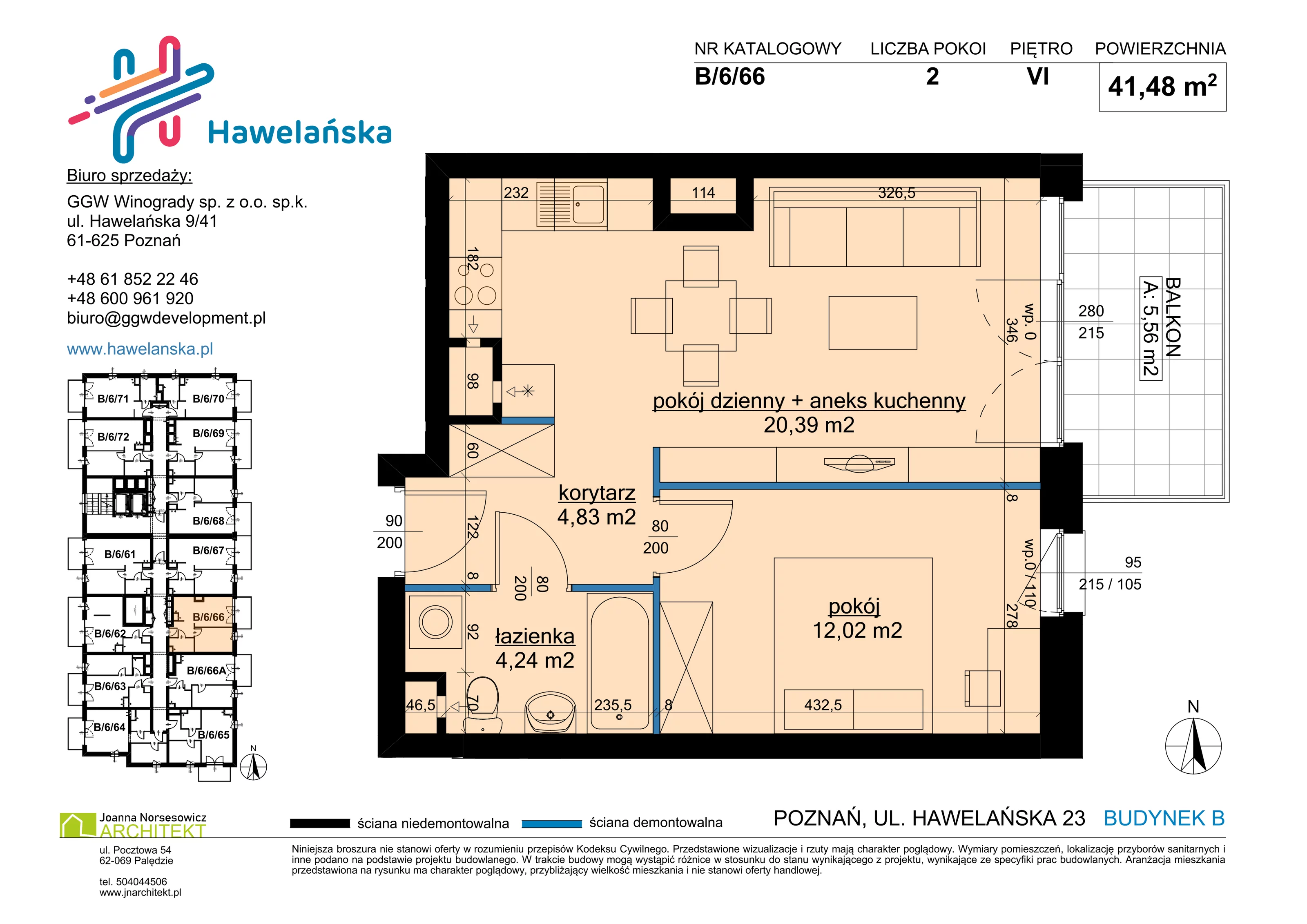 2 pokoje, mieszkanie 41,48 m², piętro 6, oferta nr B/6/66, Osiedle Hawelańska III etap, Poznań, Winogrady, ul. Hawelańska 25