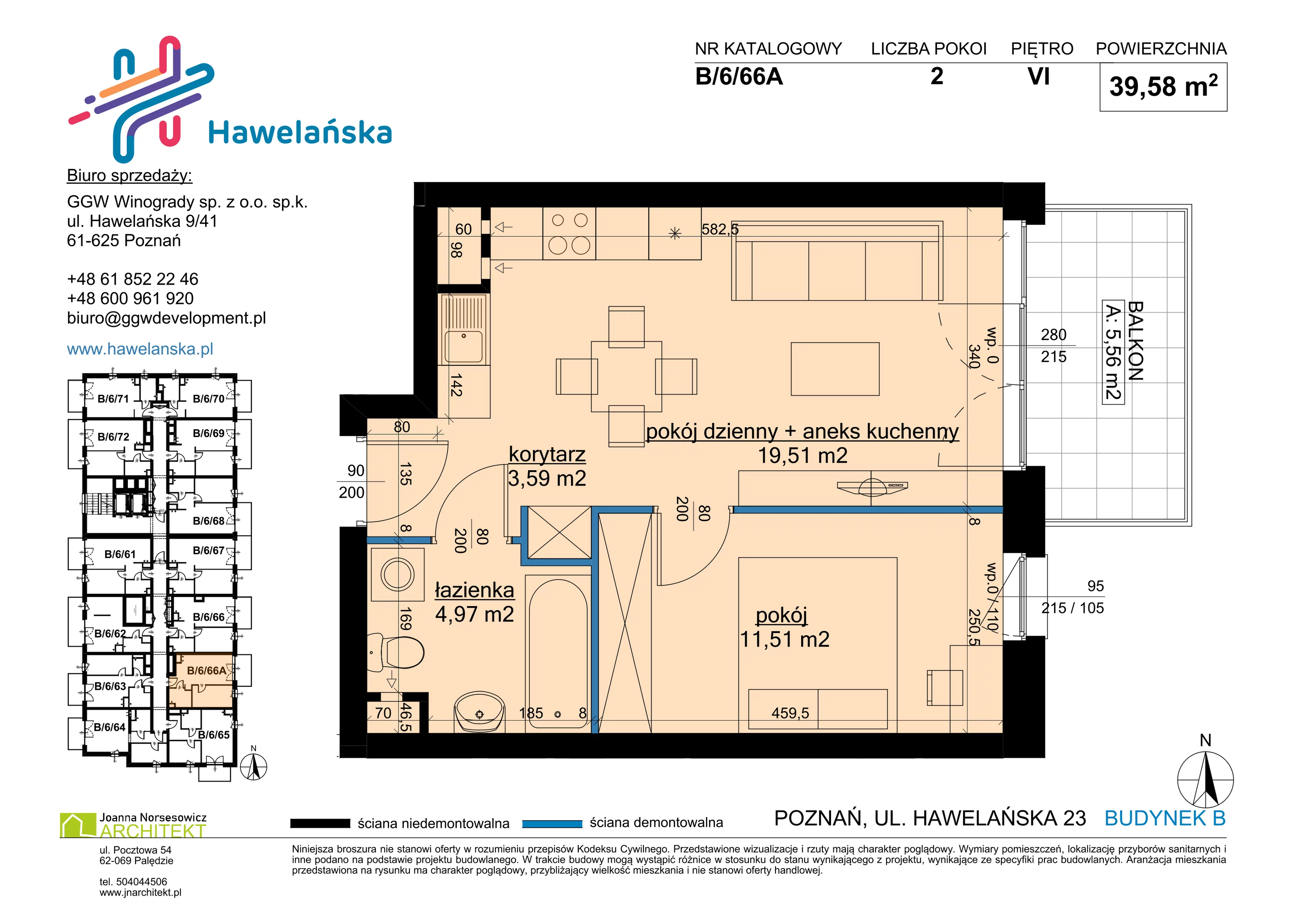 2 pokoje, mieszkanie 39,58 m², piętro 6, oferta nr B/6/66A, Osiedle Hawelańska III etap, Poznań, Winogrady, ul. Hawelańska 25