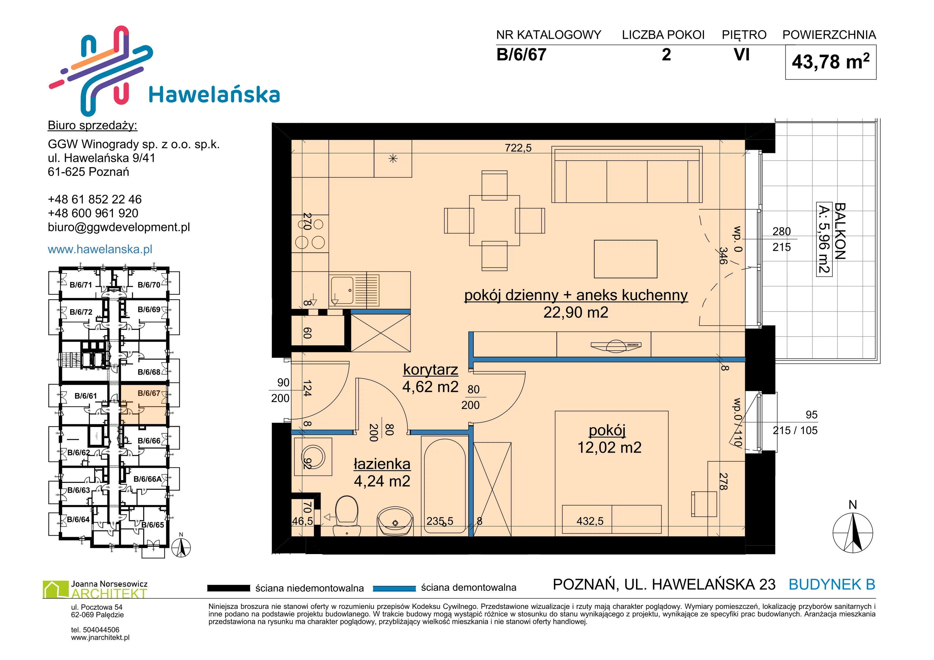 2 pokoje, mieszkanie 43,78 m², piętro 6, oferta nr B/6/67, Osiedle Hawelańska III etap, Poznań, Winogrady, ul. Hawelańska 25