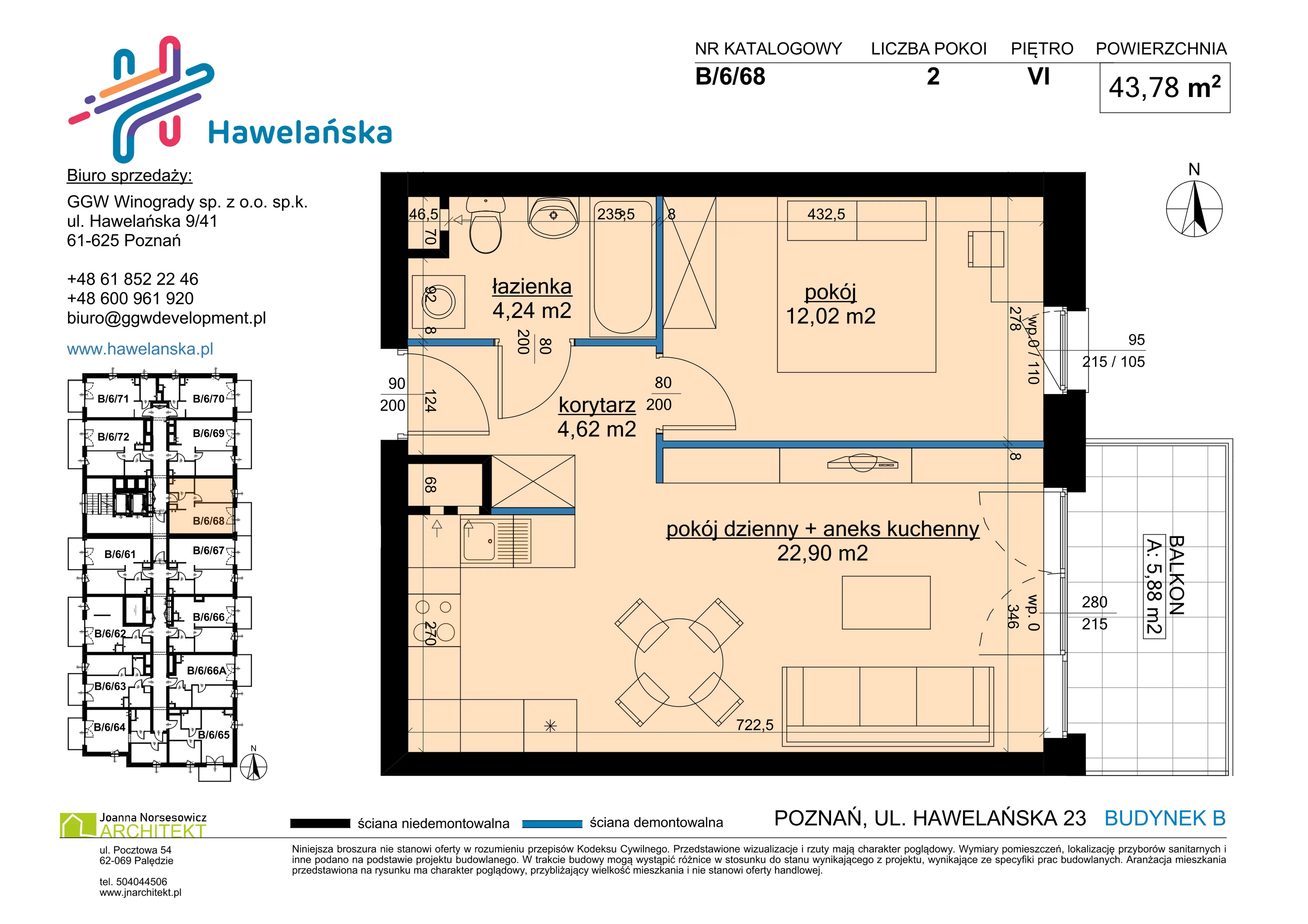 2 pokoje, mieszkanie 43,78 m², piętro 6, oferta nr B/6/68, Osiedle Hawelańska III etap, Poznań, Winogrady, ul. Hawelańska 25