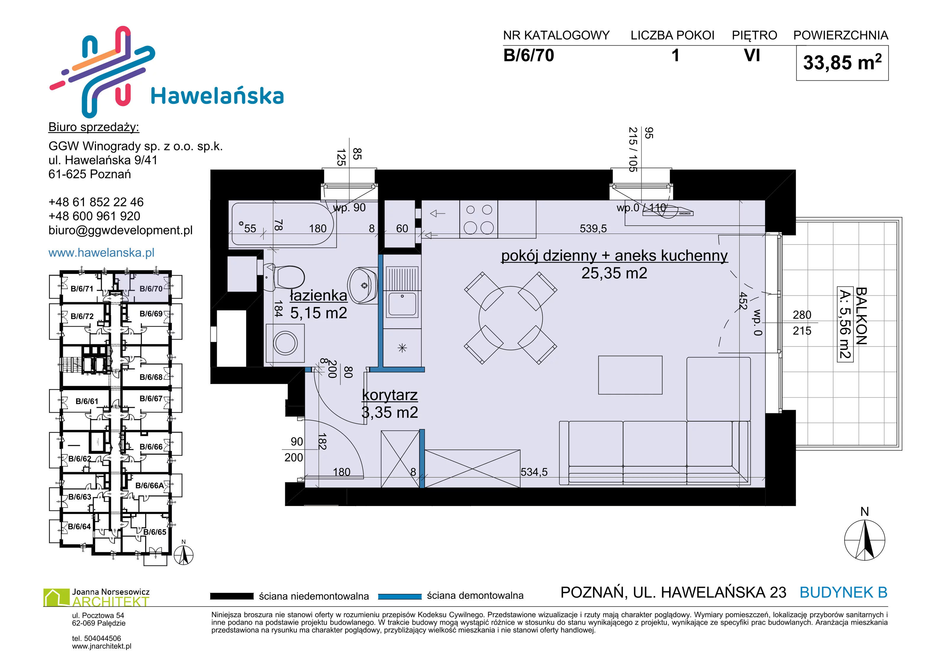 1 pokój, mieszkanie 33,85 m², piętro 6, oferta nr B/6/70, Osiedle Hawelańska III etap, Poznań, Winogrady, ul. Hawelańska 25