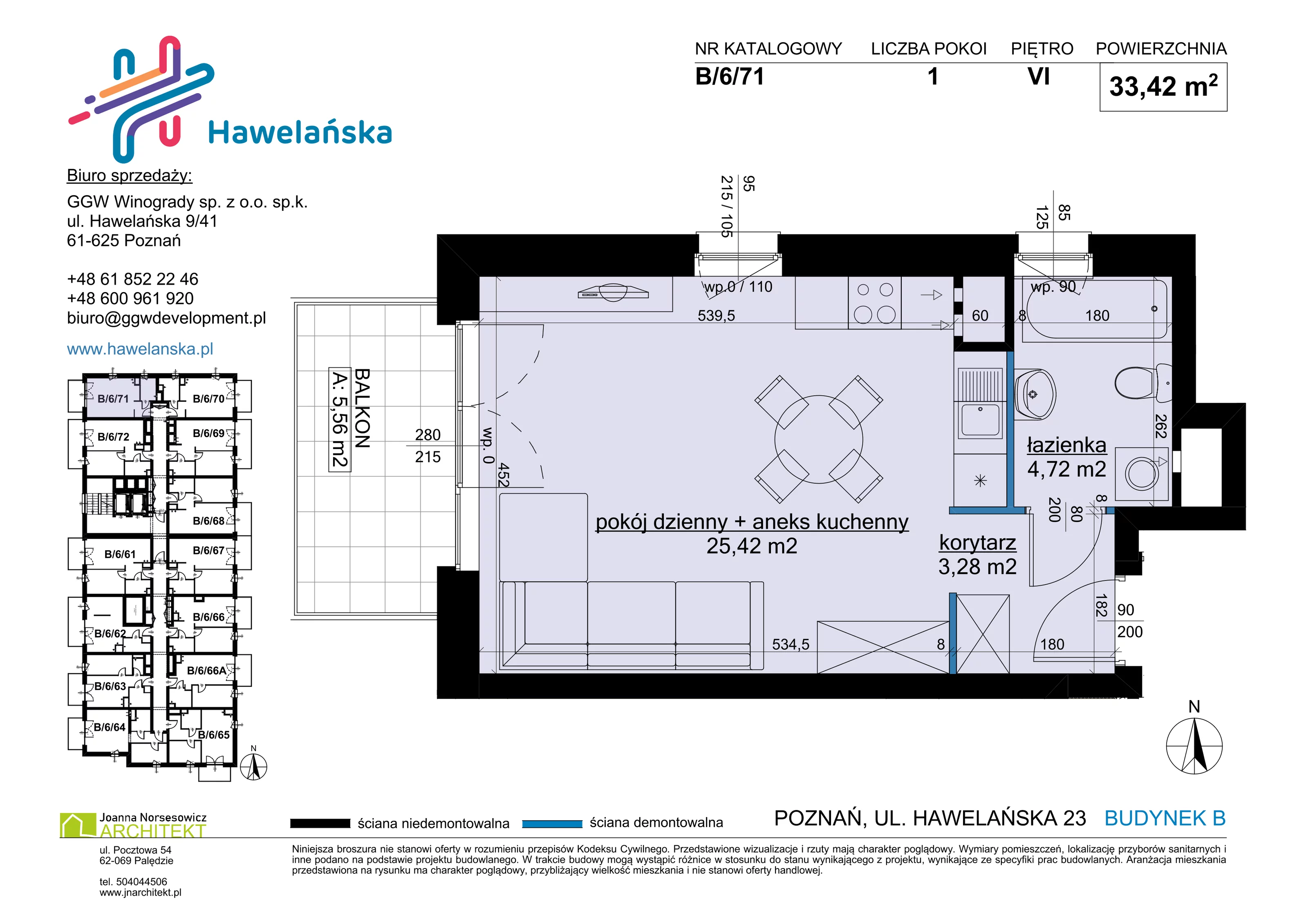 1 pokój, mieszkanie 33,42 m², piętro 6, oferta nr B/6/71, Osiedle Hawelańska III etap, Poznań, Winogrady, ul. Hawelańska 25