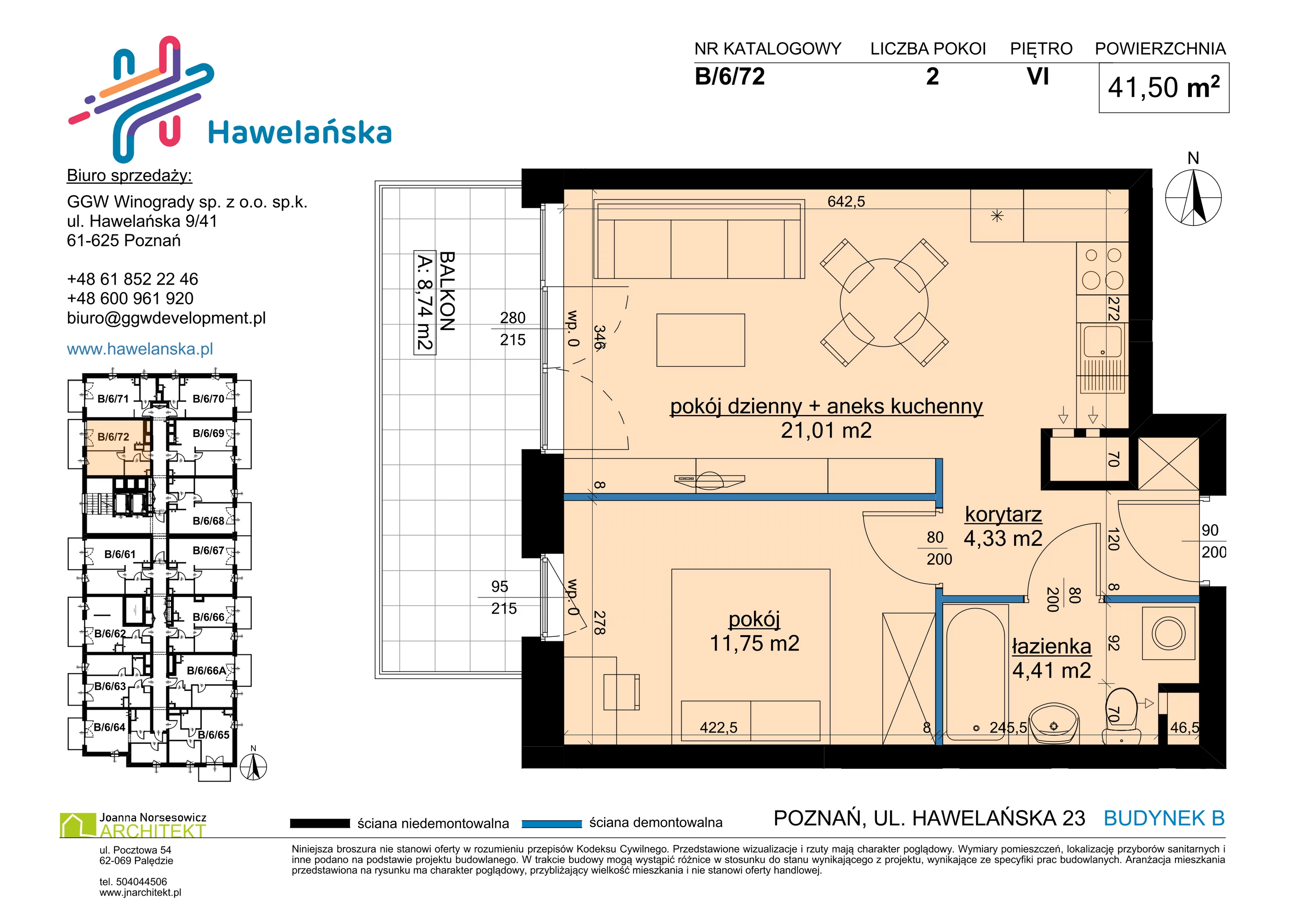 2 pokoje, mieszkanie 41,50 m², piętro 6, oferta nr B/6/72, Osiedle Hawelańska III etap, Poznań, Winogrady, ul. Hawelańska 25