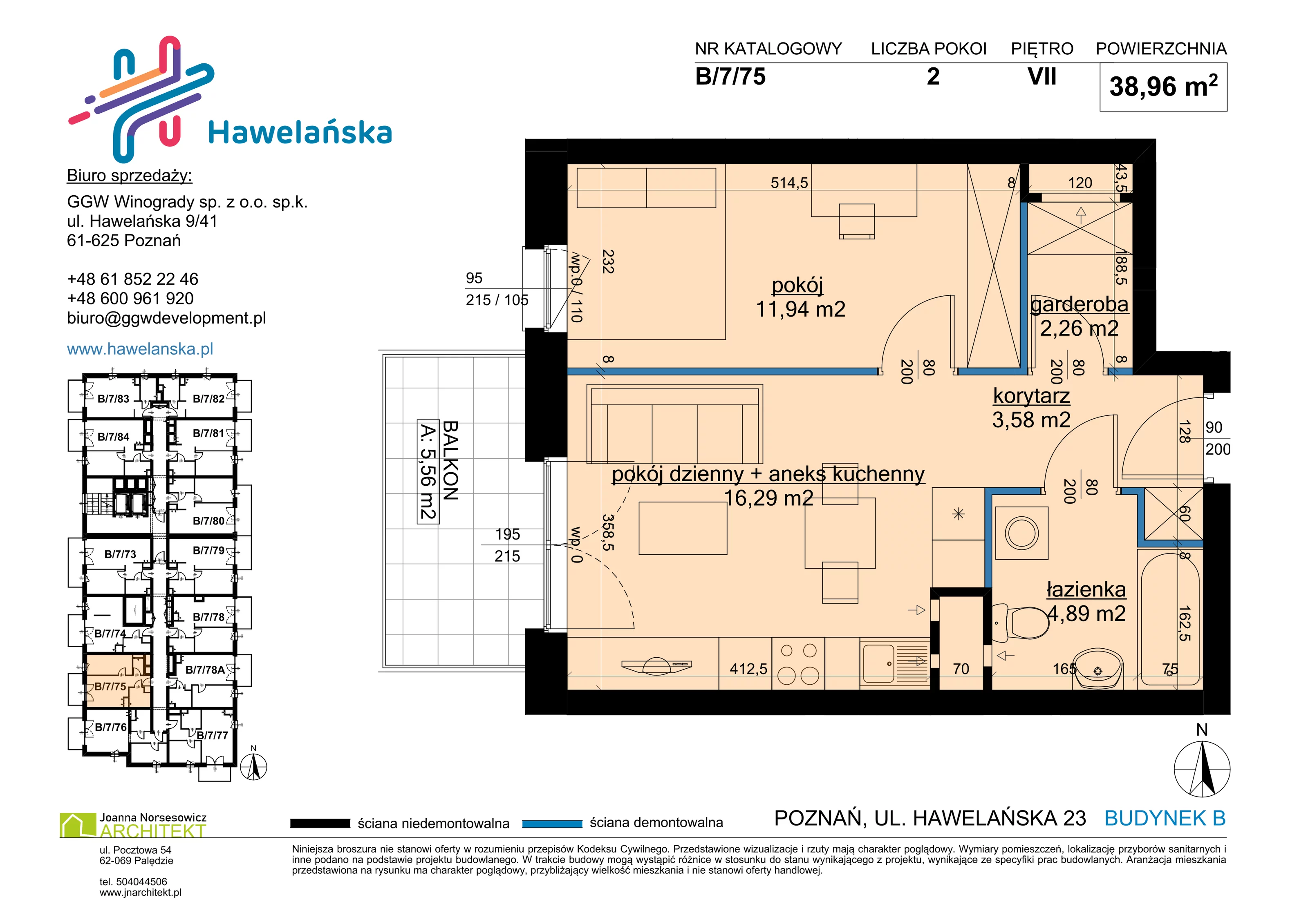 2 pokoje, mieszkanie 38,96 m², piętro 7, oferta nr B/7/75, Osiedle Hawelańska III etap, Poznań, Winogrady, ul. Hawelańska 25