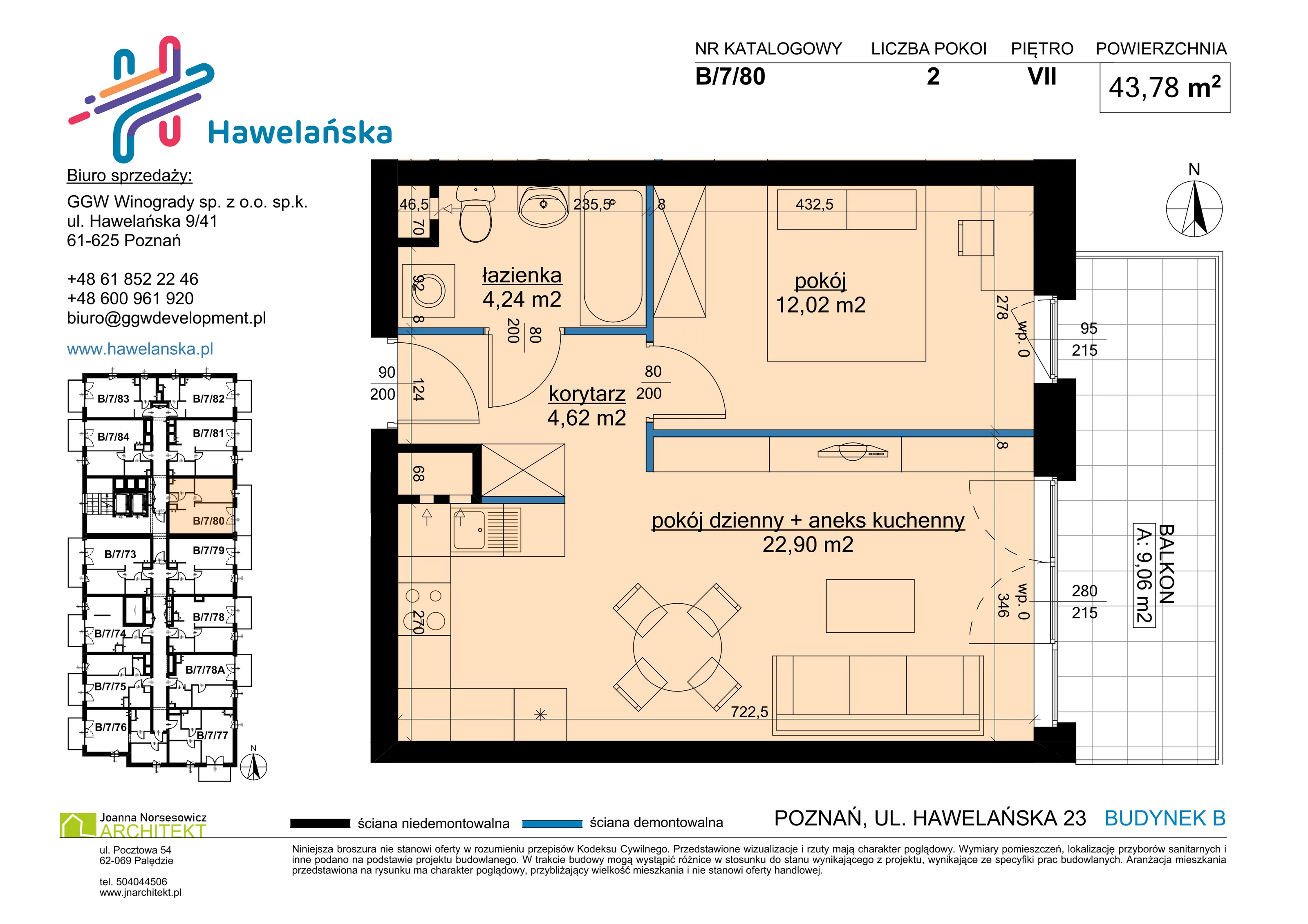 2 pokoje, mieszkanie 43,78 m², piętro 7, oferta nr B/7/80, Osiedle Hawelańska III etap, Poznań, Winogrady, ul. Hawelańska 25