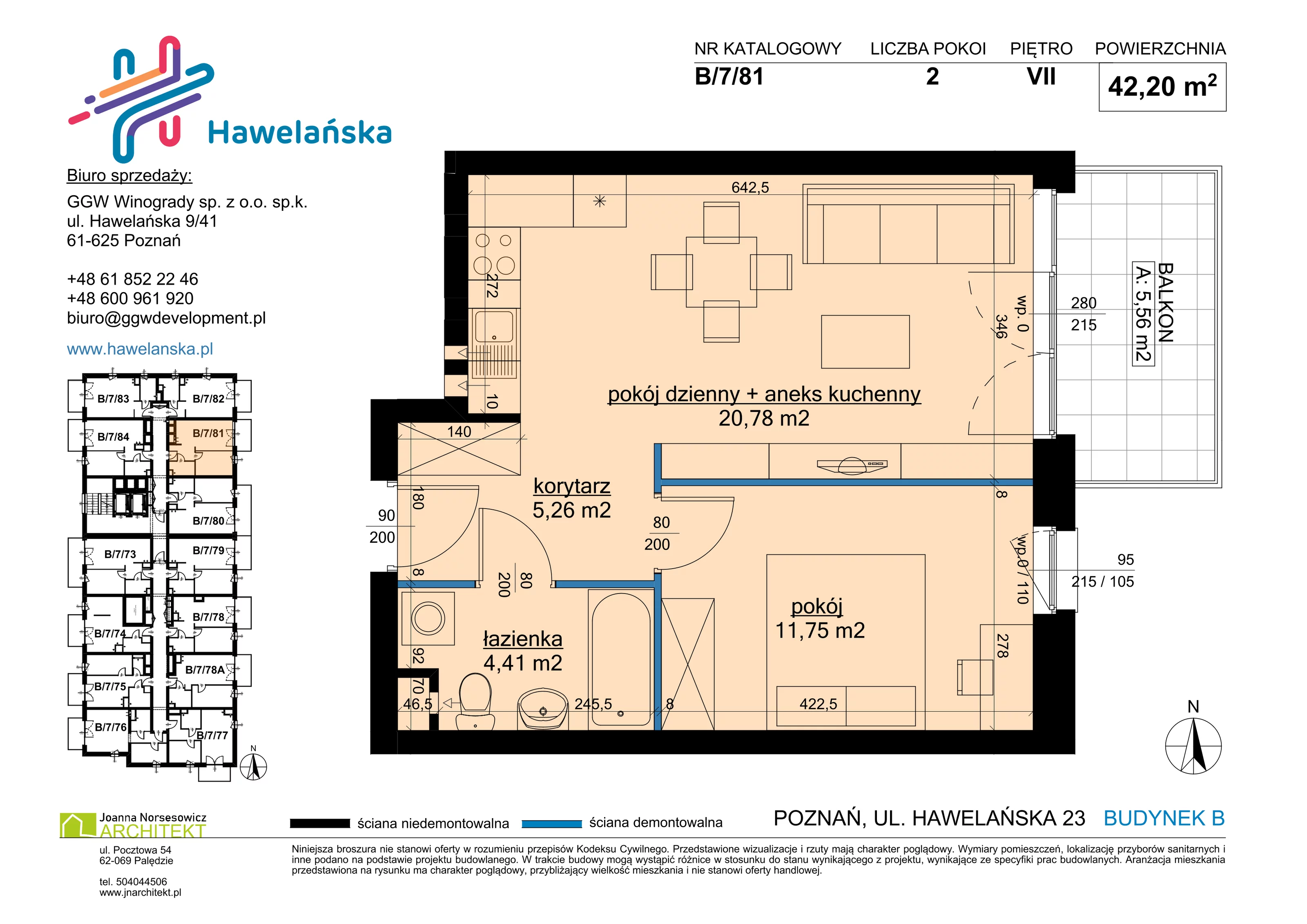 2 pokoje, mieszkanie 42,20 m², piętro 7, oferta nr B/7/81, Osiedle Hawelańska III etap, Poznań, Winogrady, ul. Hawelańska 25