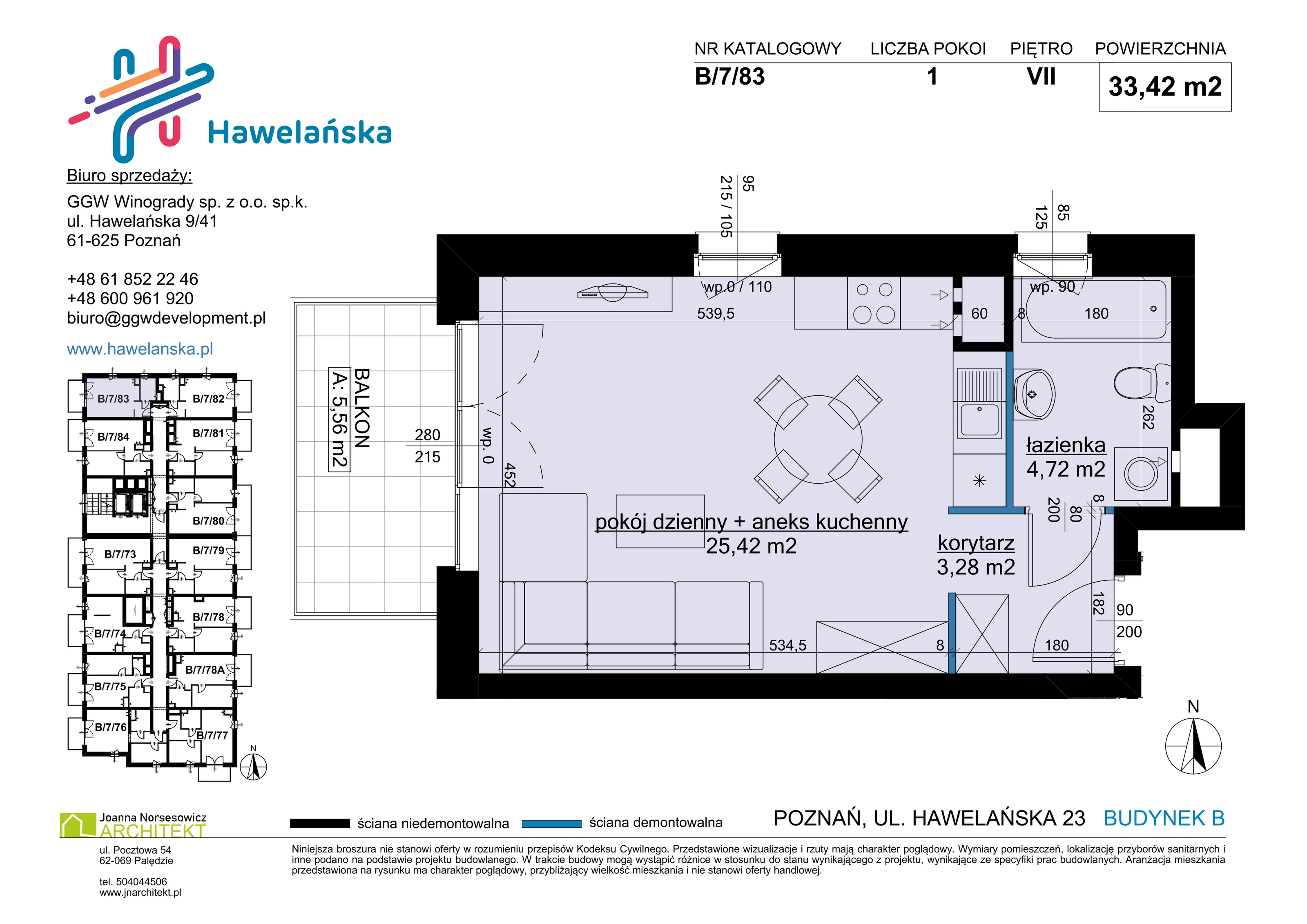 1 pokój, mieszkanie 33,42 m², piętro 7, oferta nr B/7/83, Osiedle Hawelańska III etap, Poznań, Winogrady, ul. Hawelańska 25