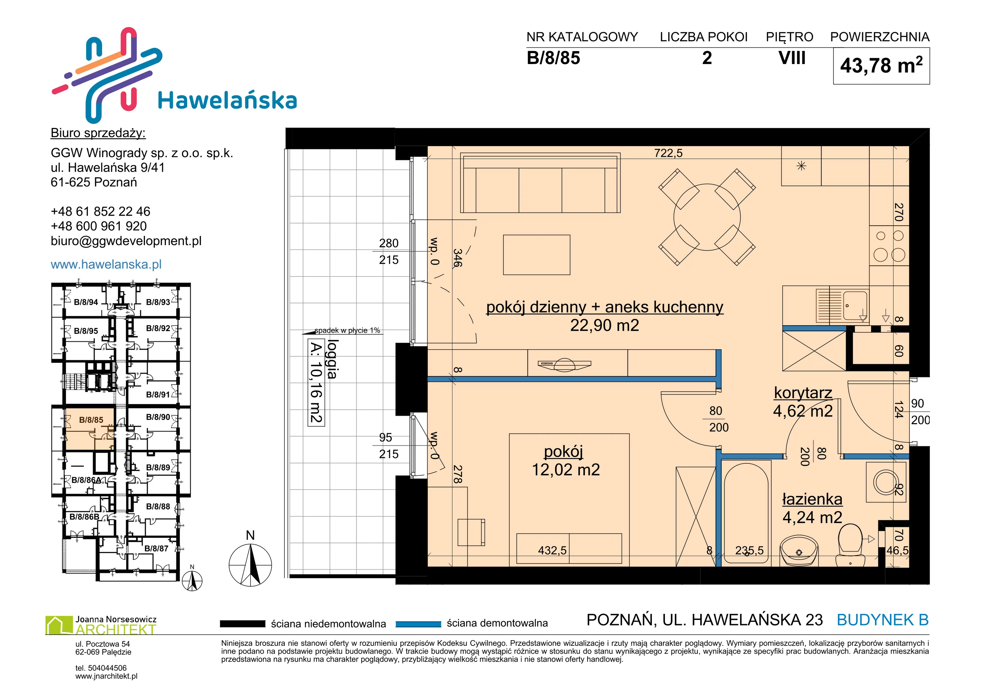 2 pokoje, mieszkanie 43,78 m², piętro 8, oferta nr B/8/85, Osiedle Hawelańska III etap, Poznań, Winogrady, ul. Hawelańska 25