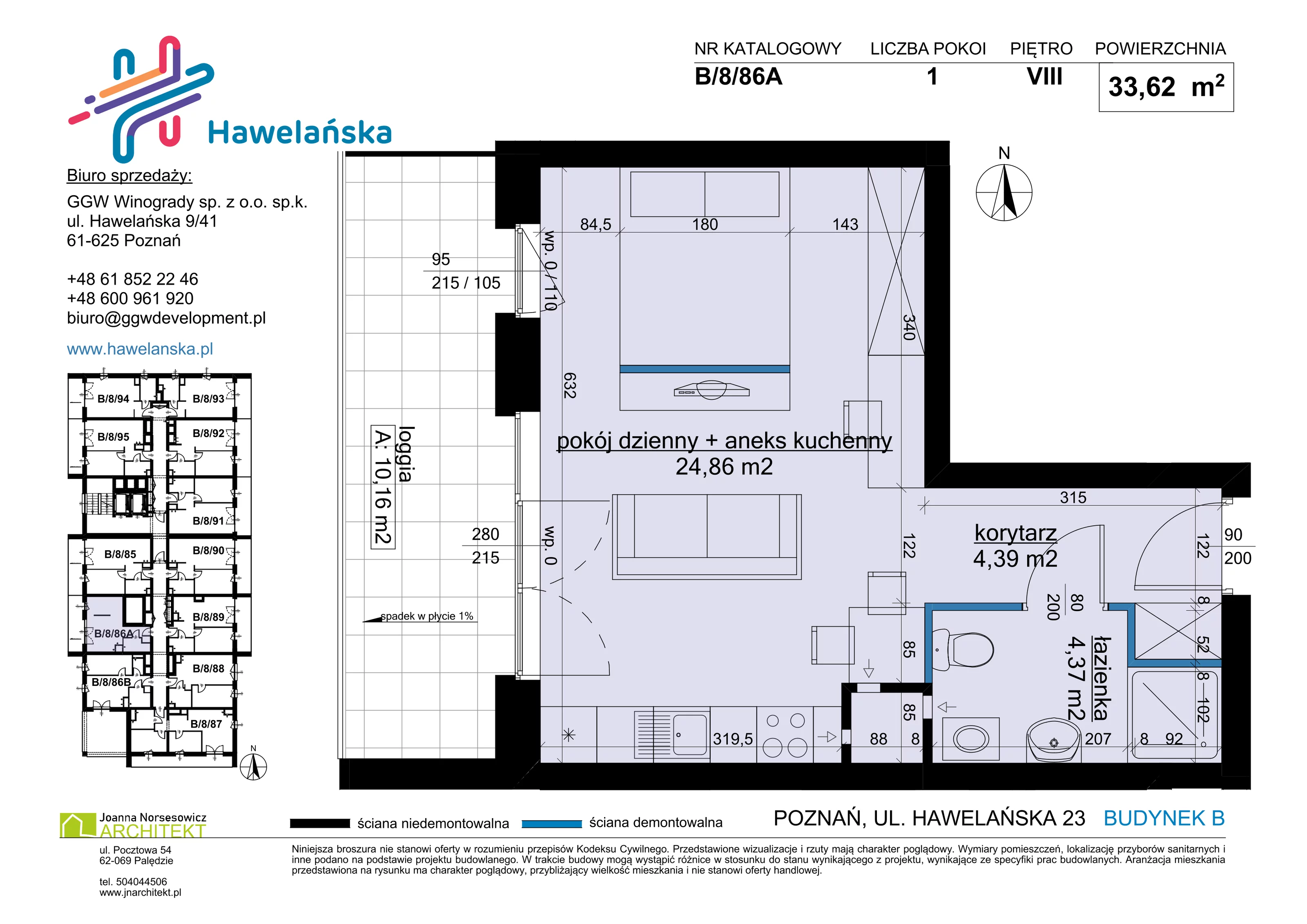 1 pokój, mieszkanie 33,62 m², piętro 8, oferta nr B/8/86A, Osiedle Hawelańska III etap, Poznań, Winogrady, ul. Hawelańska 25