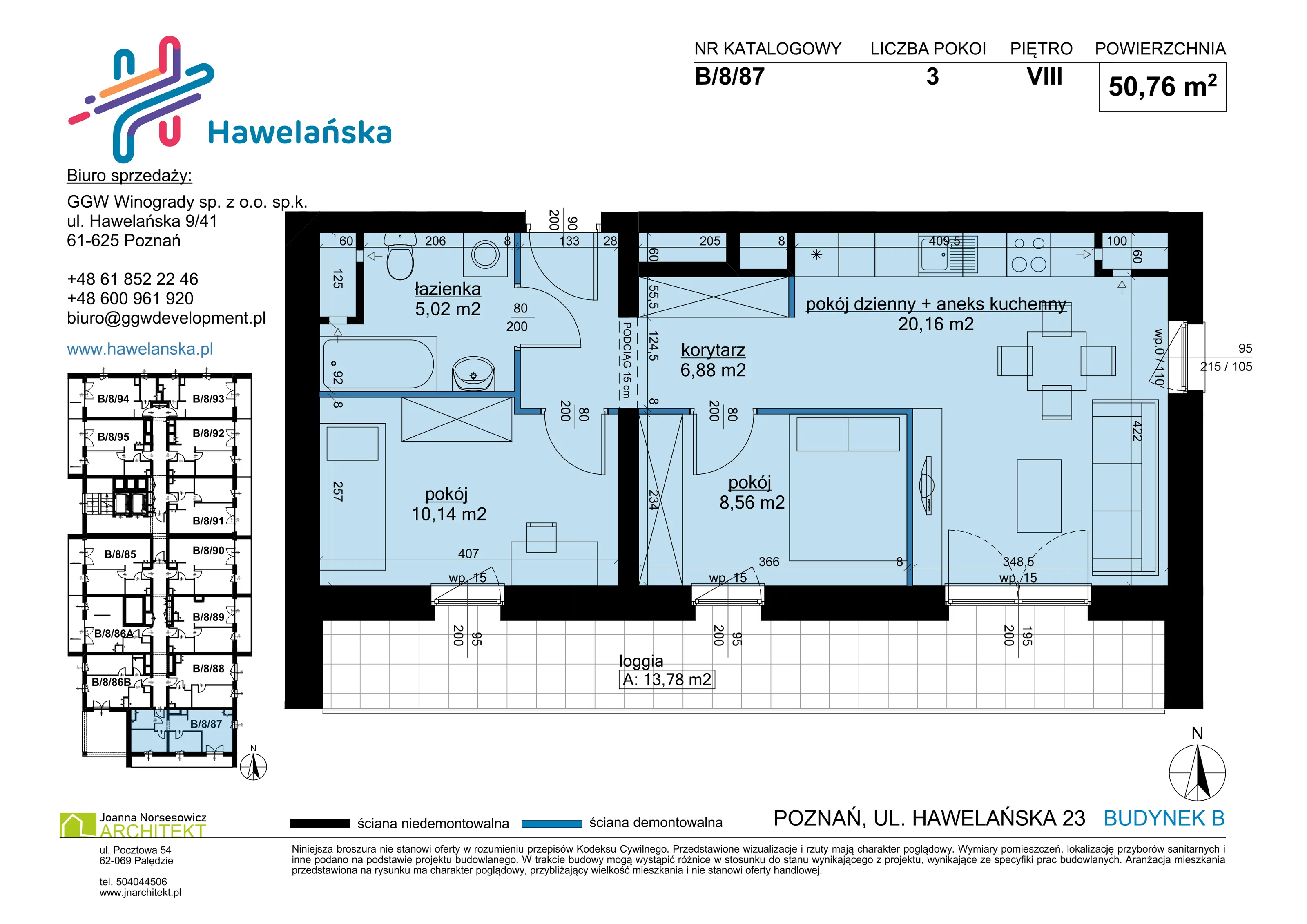 3 pokoje, mieszkanie 50,76 m², piętro 8, oferta nr B/8/87, Osiedle Hawelańska III etap, Poznań, Winogrady, ul. Hawelańska 25