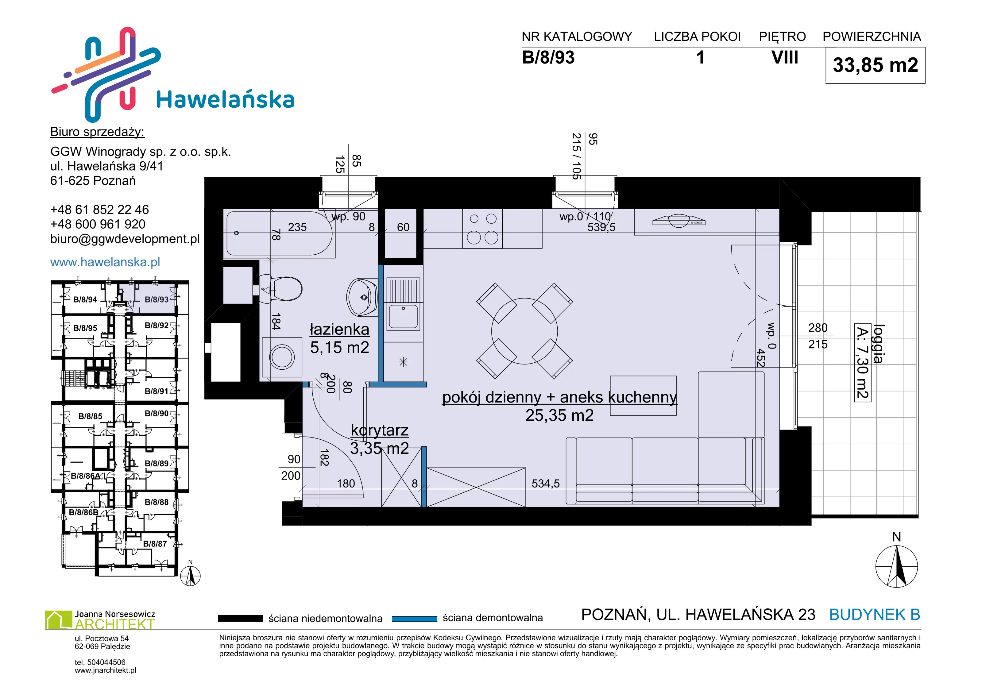 1 pokój, mieszkanie 33,85 m², piętro 8, oferta nr B/8/93, Osiedle Hawelańska III etap, Poznań, Winogrady, ul. Hawelańska 25