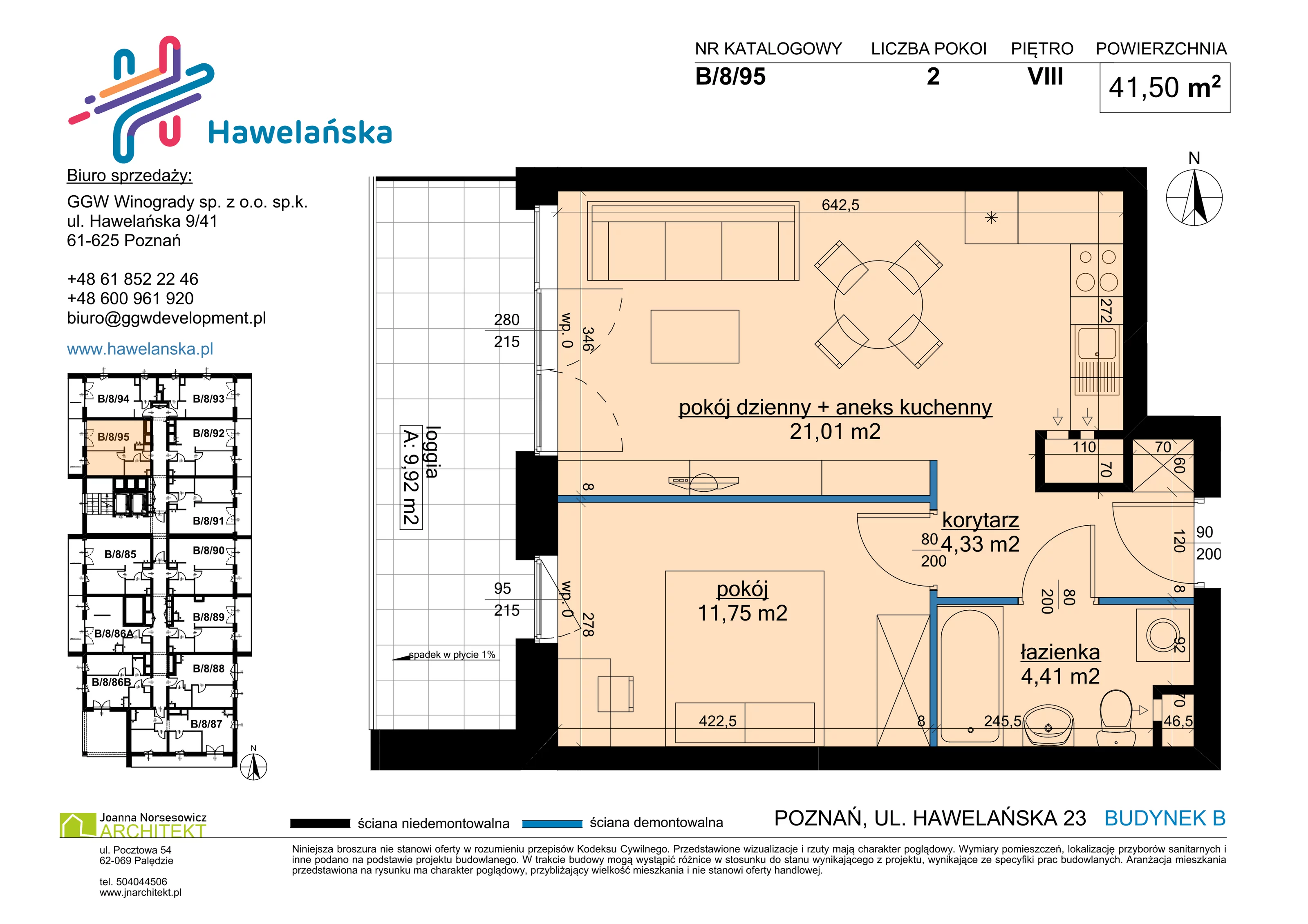 2 pokoje, mieszkanie 41,50 m², piętro 8, oferta nr B/8/95, Osiedle Hawelańska III etap, Poznań, Winogrady, ul. Hawelańska 25