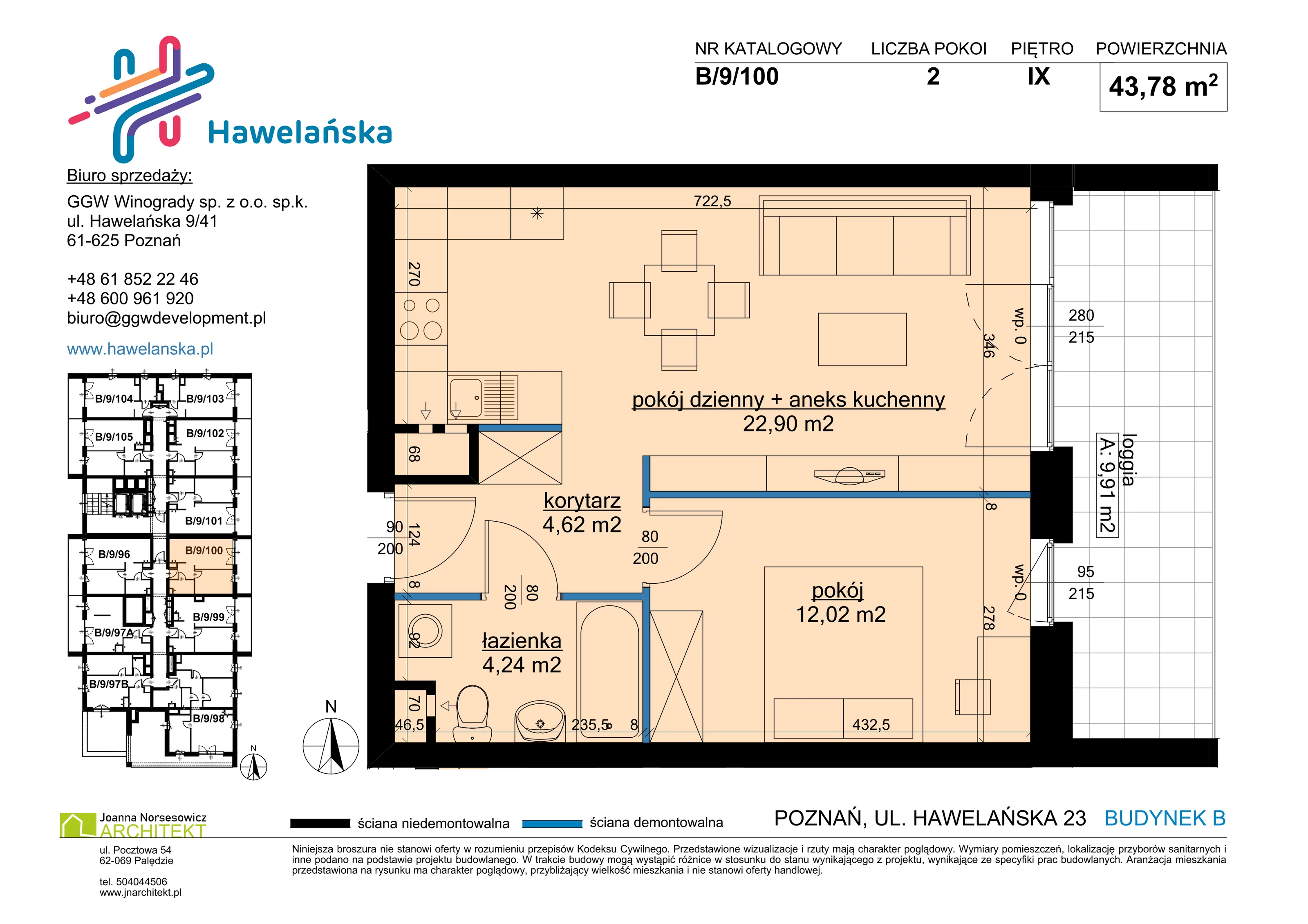 2 pokoje, mieszkanie 43,78 m², piętro 9, oferta nr B/9/100, Osiedle Hawelańska III etap, Poznań, Winogrady, ul. Hawelańska 25