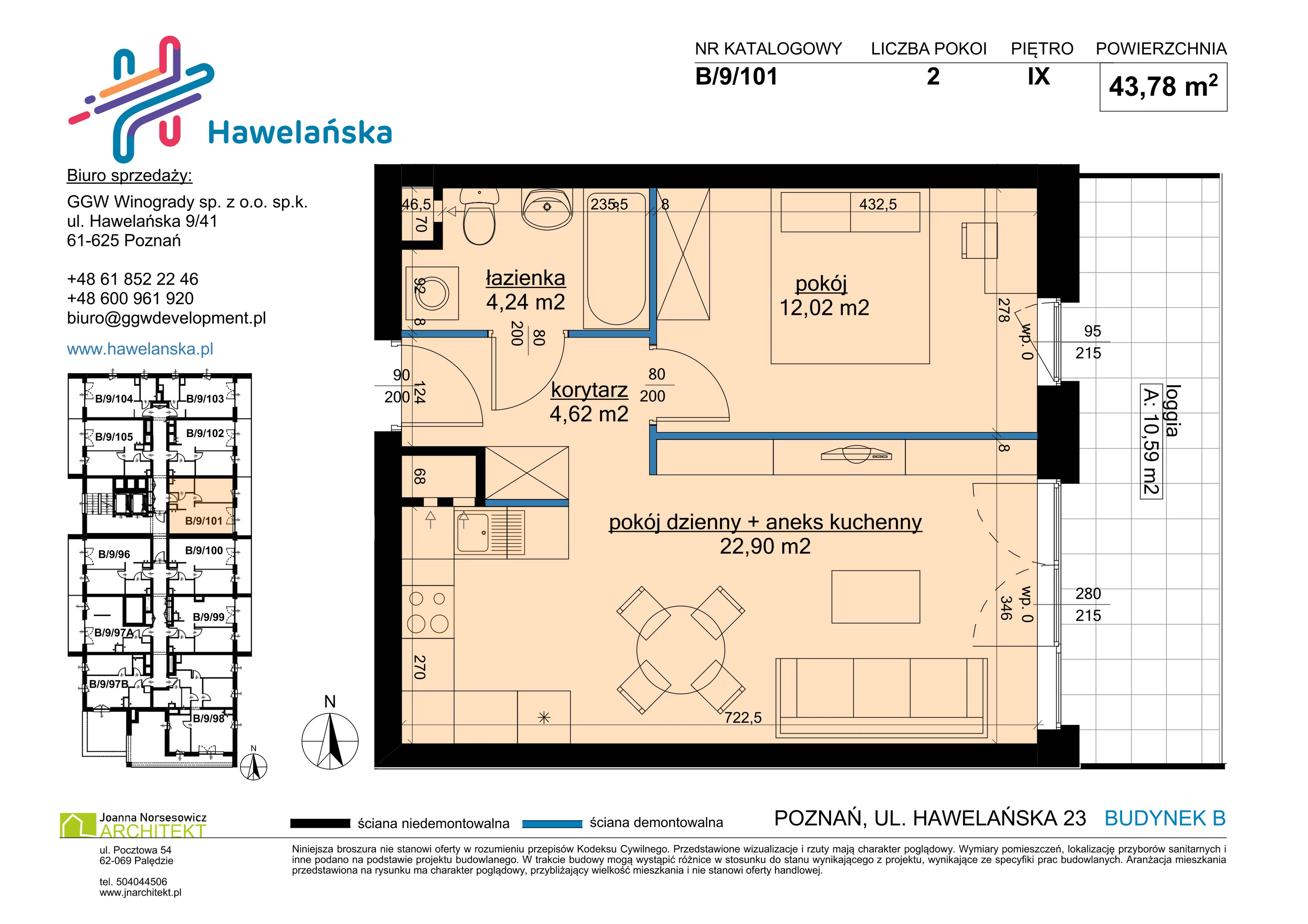 2 pokoje, mieszkanie 43,78 m², piętro 9, oferta nr B/9/101, Osiedle Hawelańska III etap, Poznań, Winogrady, ul. Hawelańska 25