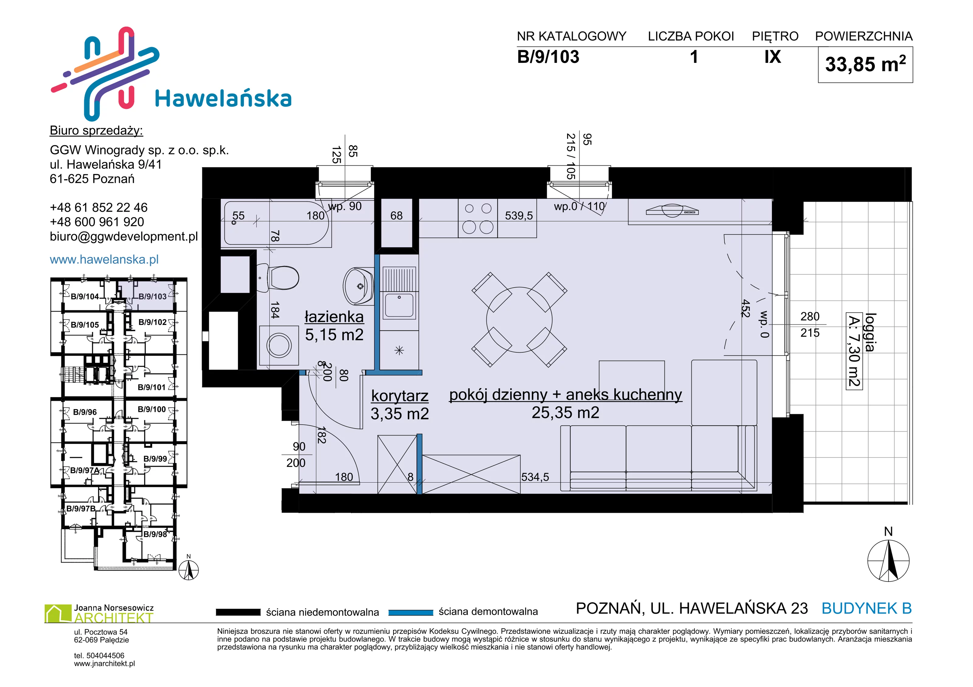 1 pokój, mieszkanie 33,85 m², piętro 9, oferta nr B/9/103, Osiedle Hawelańska III etap, Poznań, Winogrady, ul. Hawelańska 25