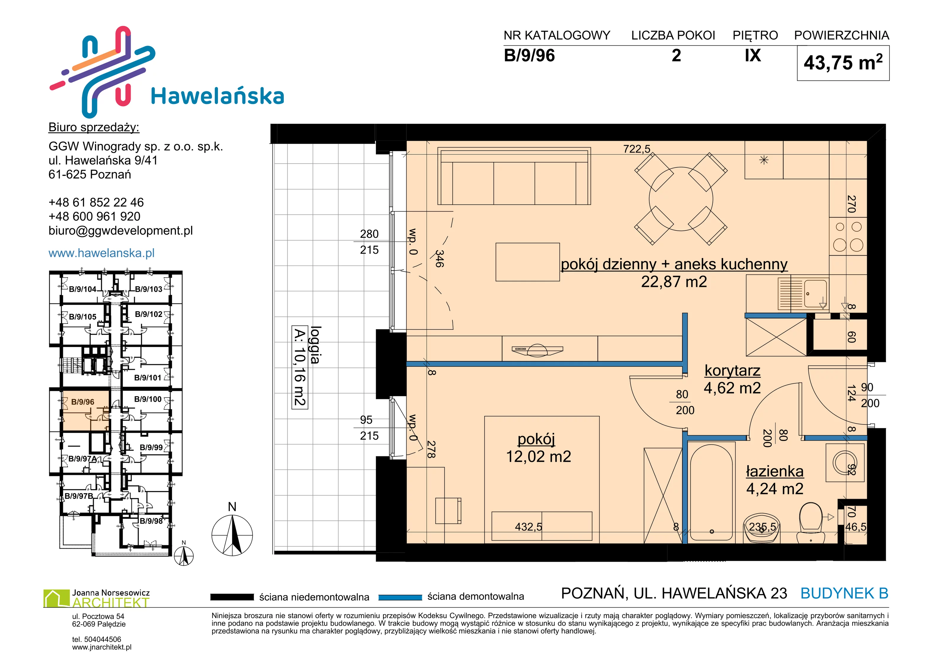 2 pokoje, mieszkanie 43,75 m², piętro 9, oferta nr B/9/96, Osiedle Hawelańska III etap, Poznań, Winogrady, ul. Hawelańska 25