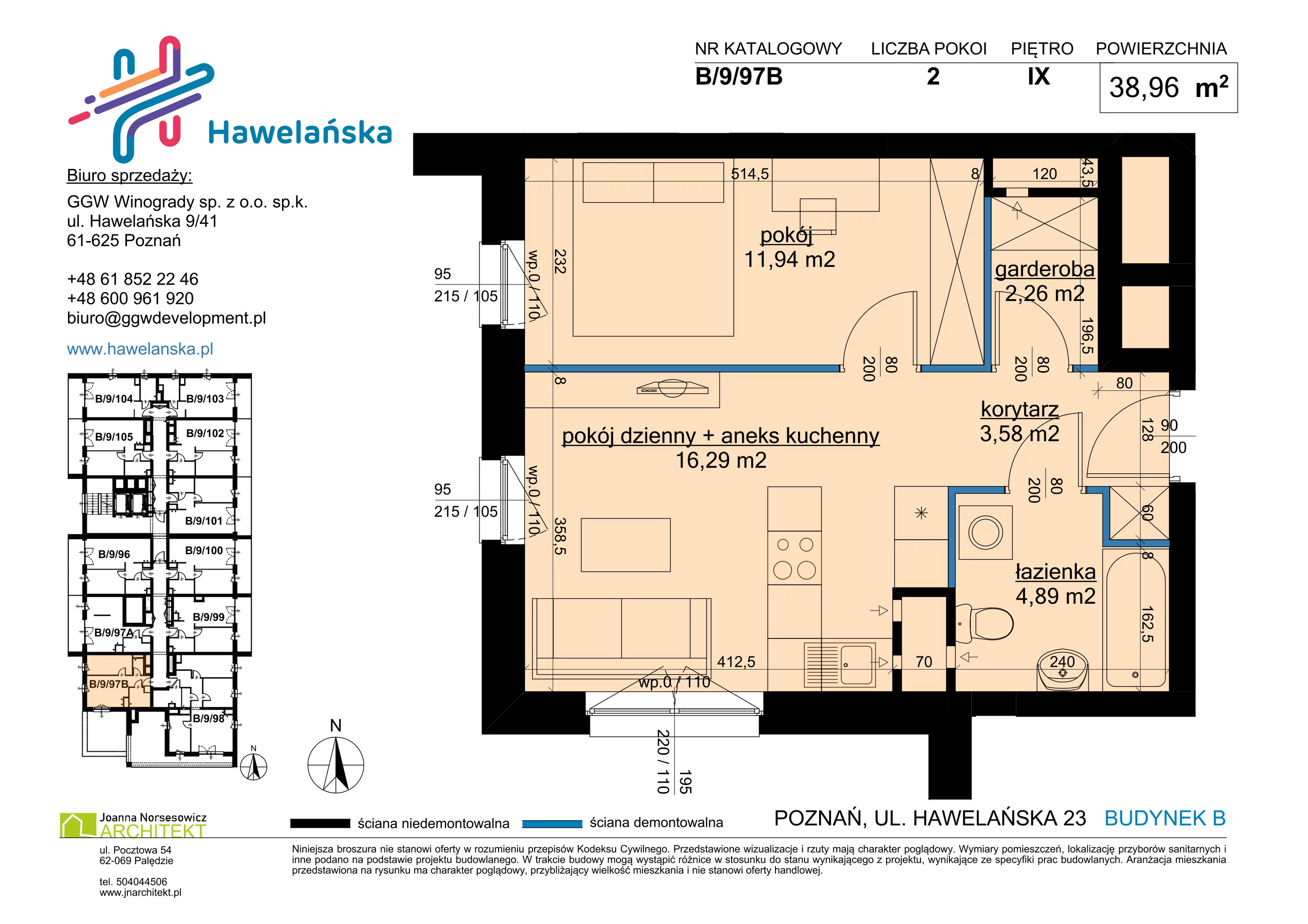 2 pokoje, mieszkanie 38,96 m², piętro 9, oferta nr B/9/97B, Osiedle Hawelańska III etap, Poznań, Winogrady, ul. Hawelańska 25